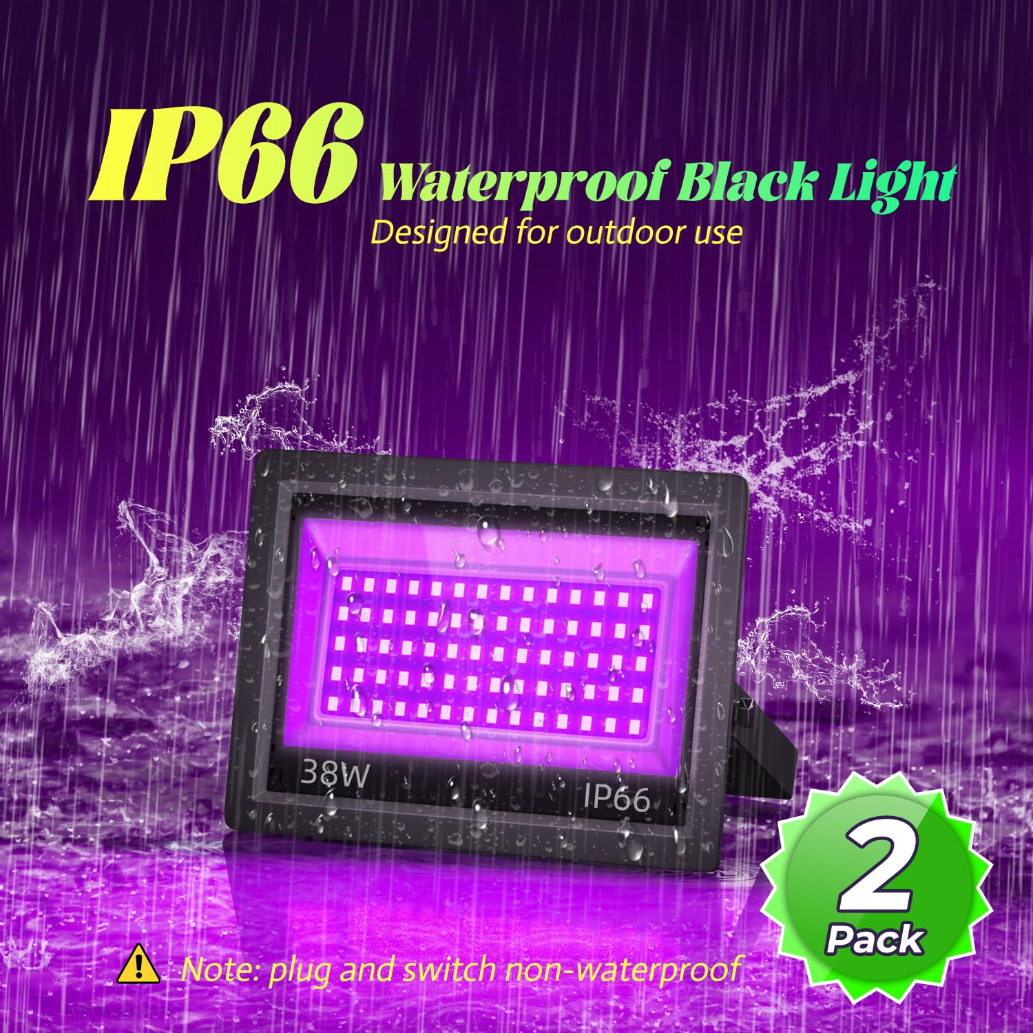 2 Pack 38W Led Black Light, Blacklight Flood Light For Glow Party Ip66 Waterproof, Outdoor Black Lights With Switch&Plug For Hal
