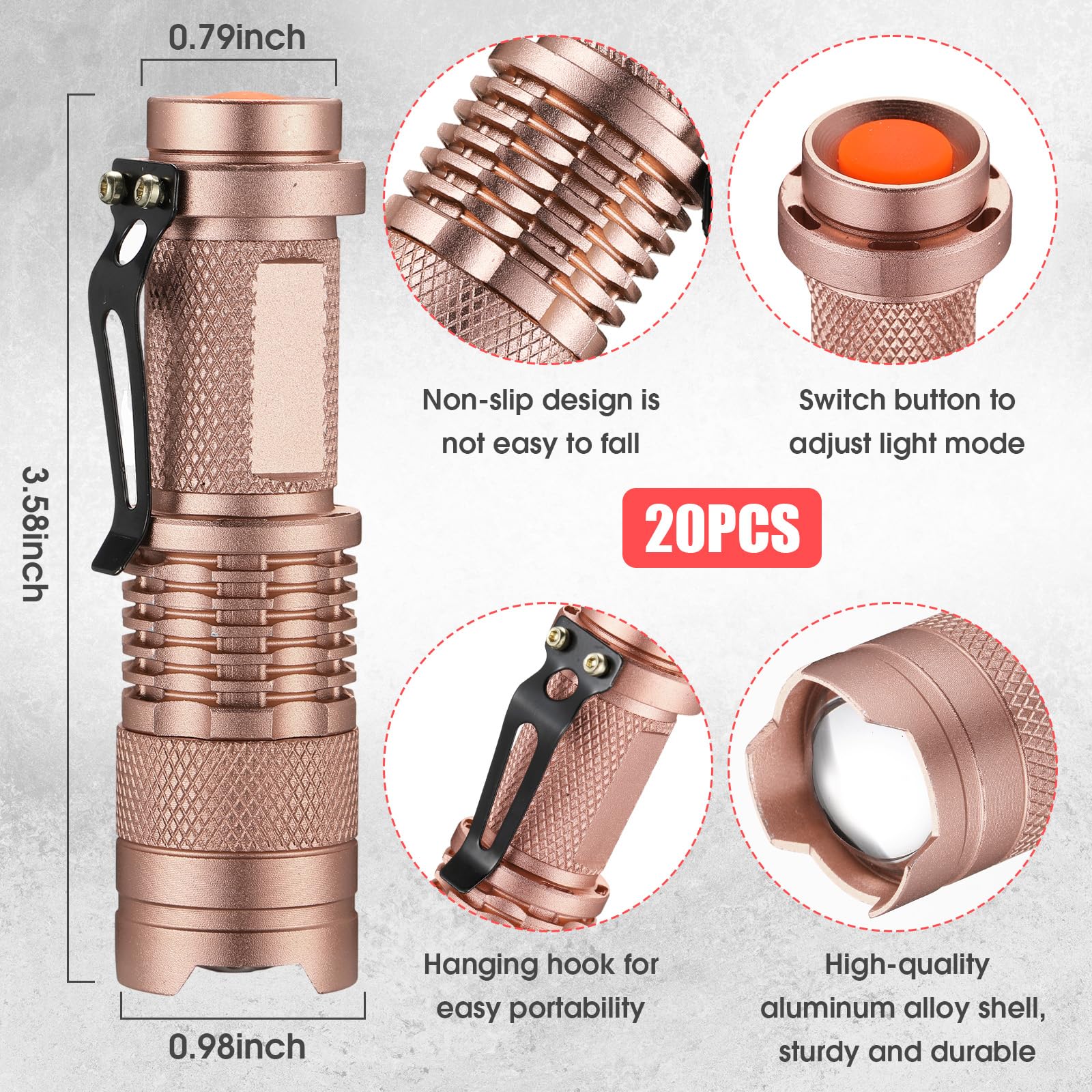 Fumete 20-Piece Mini Led Flashlight Set, 3 Mode Tactical Torch, Water Resistant, Adjustable Focus, Pink