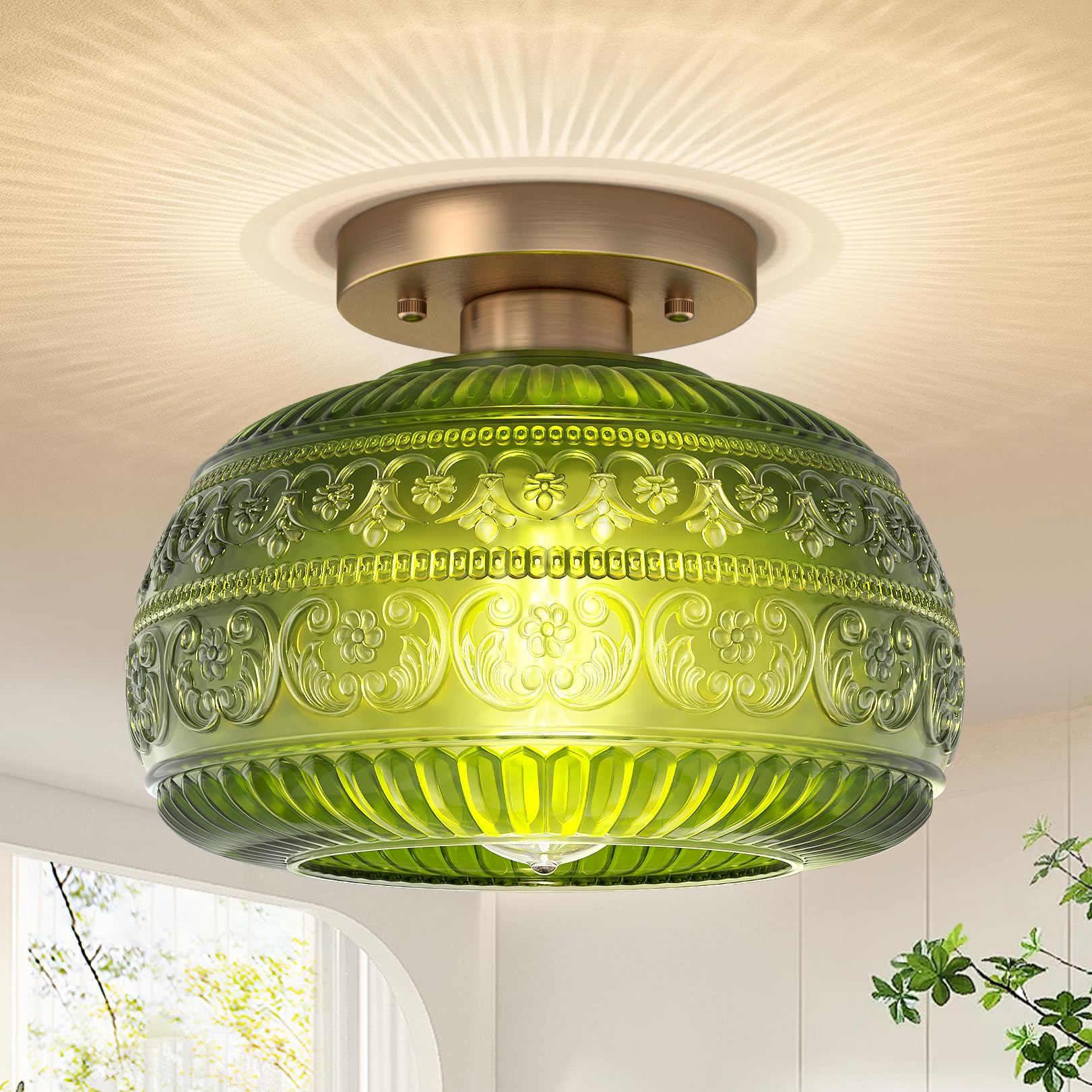 Oykyohei Green Glass Semi Flush Mount Ceiling Light Fixture For Kitchen, Bedroom, Hallway
