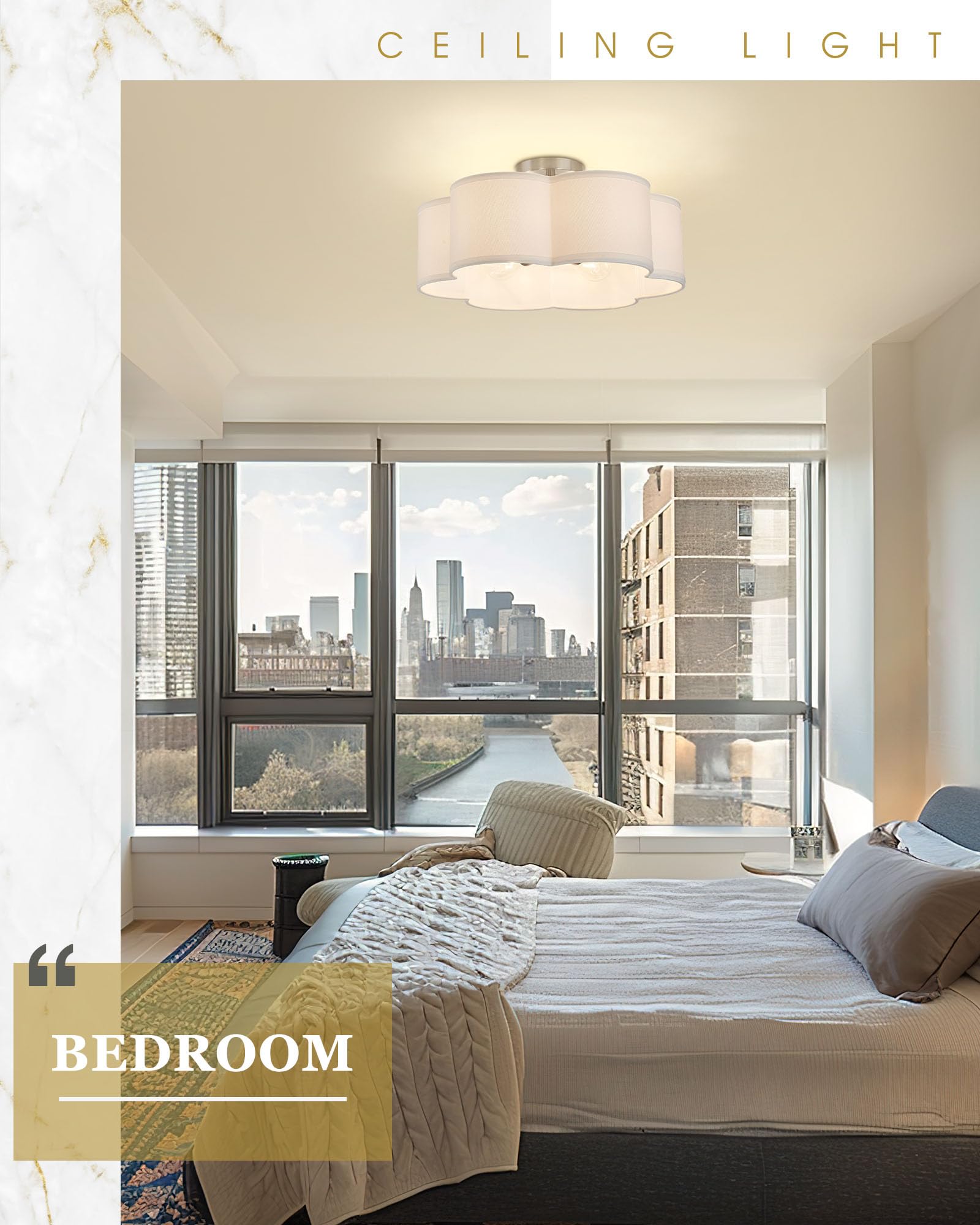 Audickic Semi Flush Mount Ceiling Light, 6-Light 18'' Ceiling Light Fixtures With Fabric Drum Shade In Flower Shape, Brushed Nic