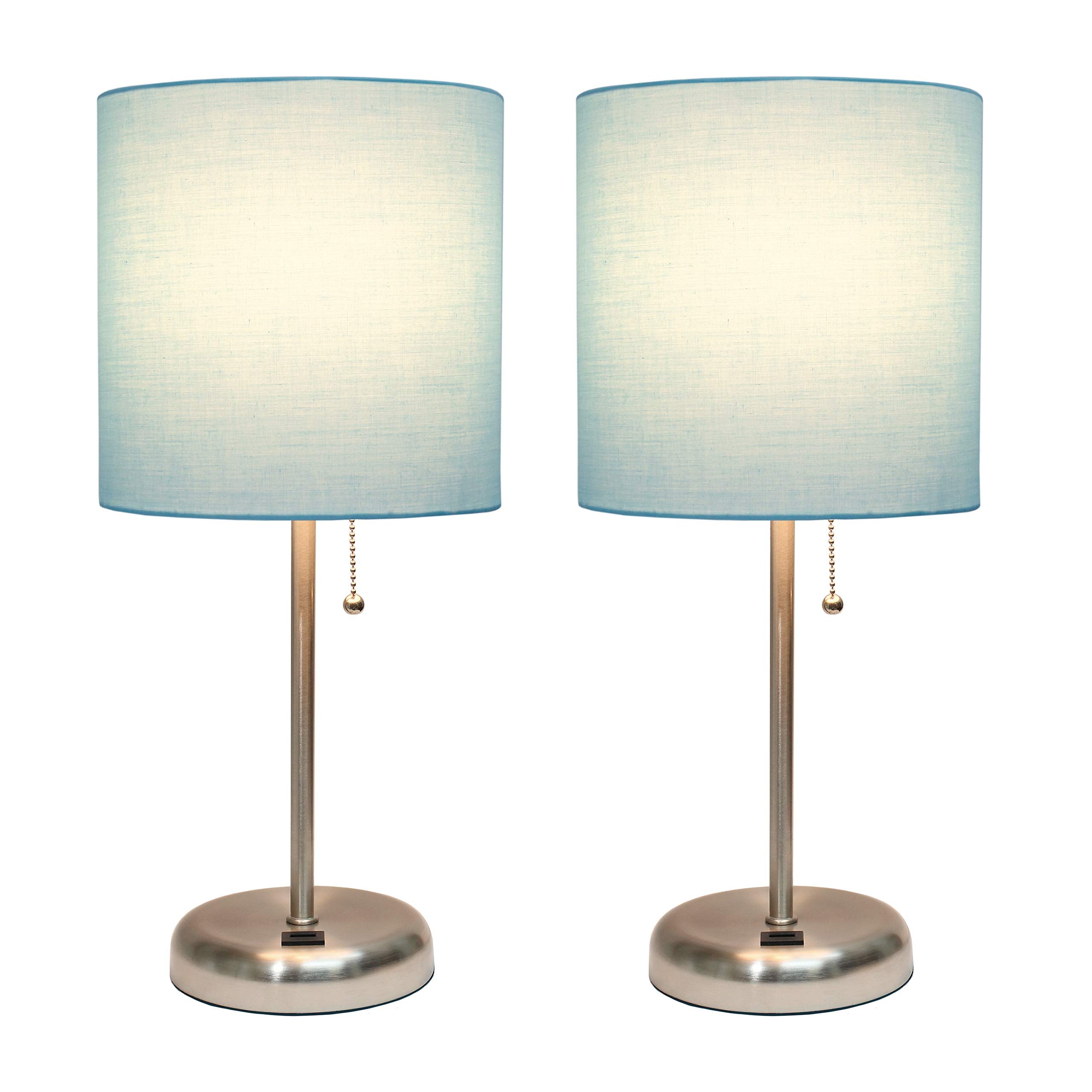 Simple Designs Lc2002-Aqu-2Pk Brushed Steel Stick Table Lamp Set With Usb Charging Port And Aqua Fabric Shades, 2 Pack Set