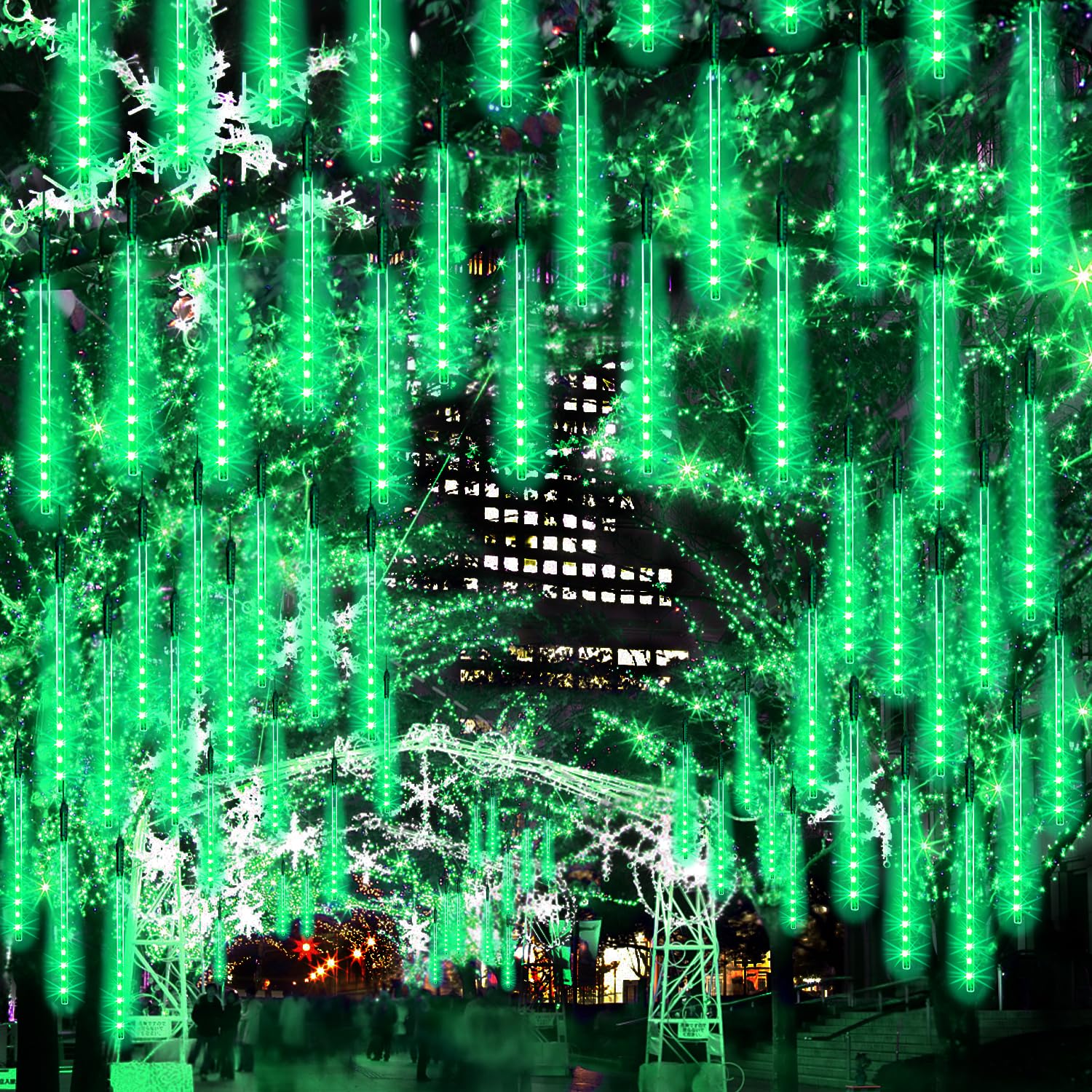 JJGoo Christmas Lights Meteor Shower Rain Lights, 10 Tube 12 inch, Green, PVC, Model KM1001F-10liuxingyu-30cm-lv-1A