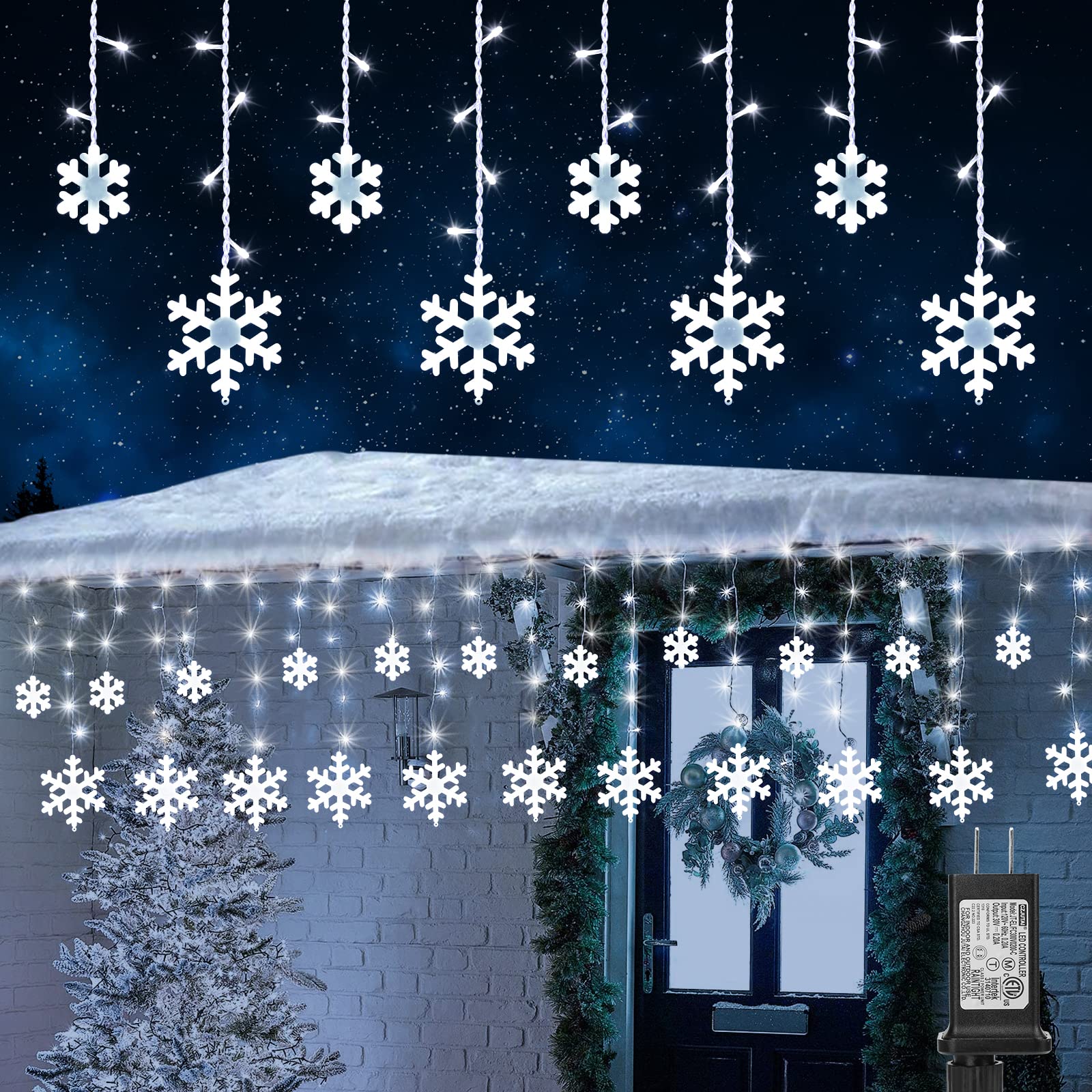 Jnaurb Christmas Snowflake Lights, 17.22Ft 264 Led, Waterproof, 8 Modes, White Decor For Indoor & Outdoor