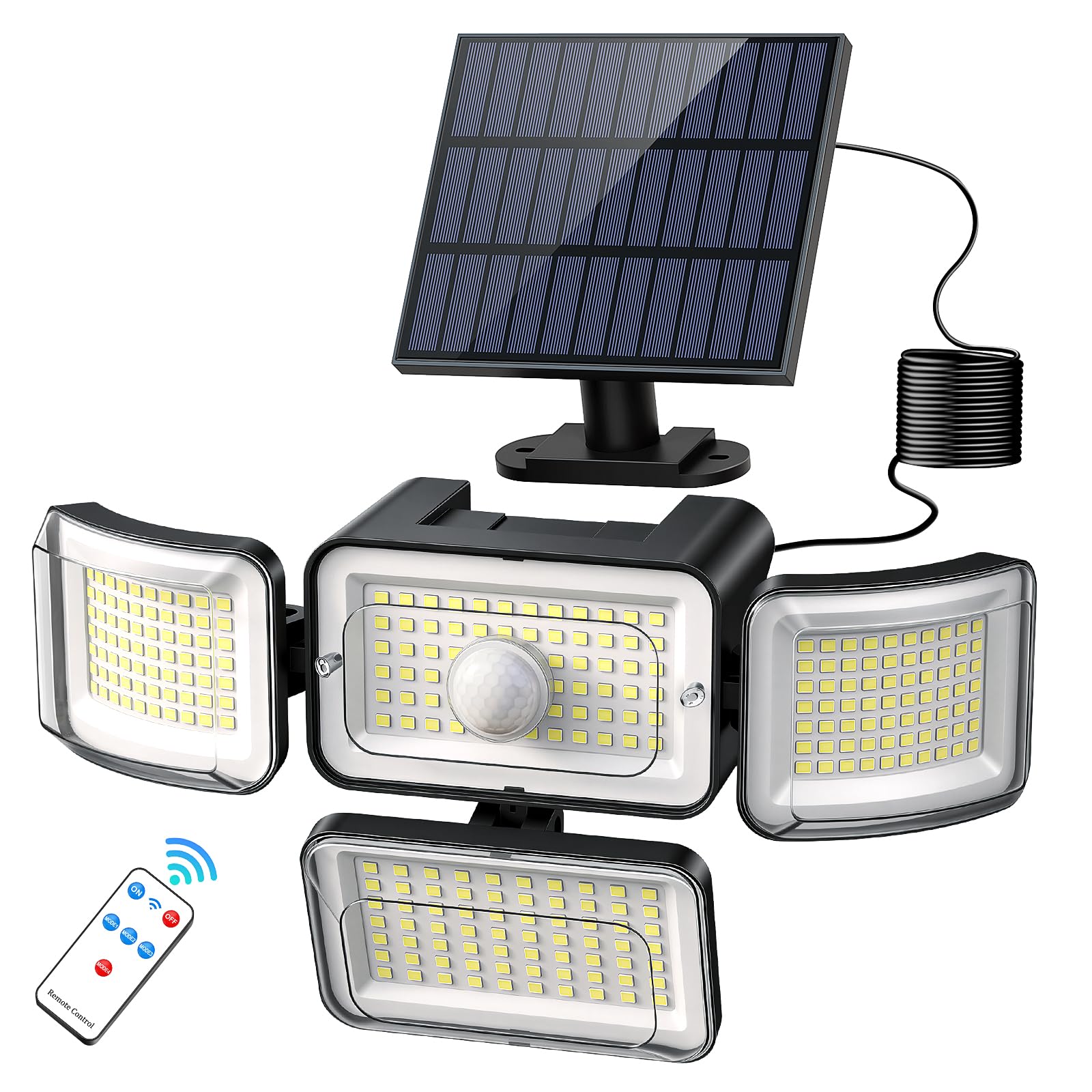 CLAONER Solar Outdoor Lights Motion Sensor 3500LM 288 LED Security Light with Remote Control IP67 Waterproof 4 Heads Flood Lights with 16.4ft Cable 4 Modes (1 Pack)
