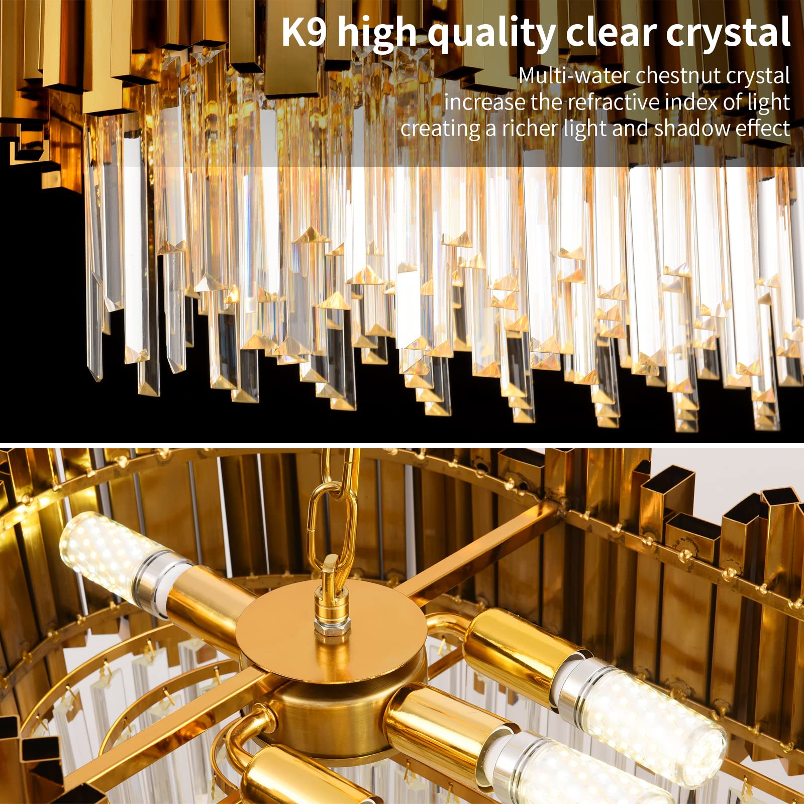 AKDXIRUN Crystal Chandelier Pendant Light Fixture, 8 Lights, Metal, Gold, 32" for Dining Room & Living Room
