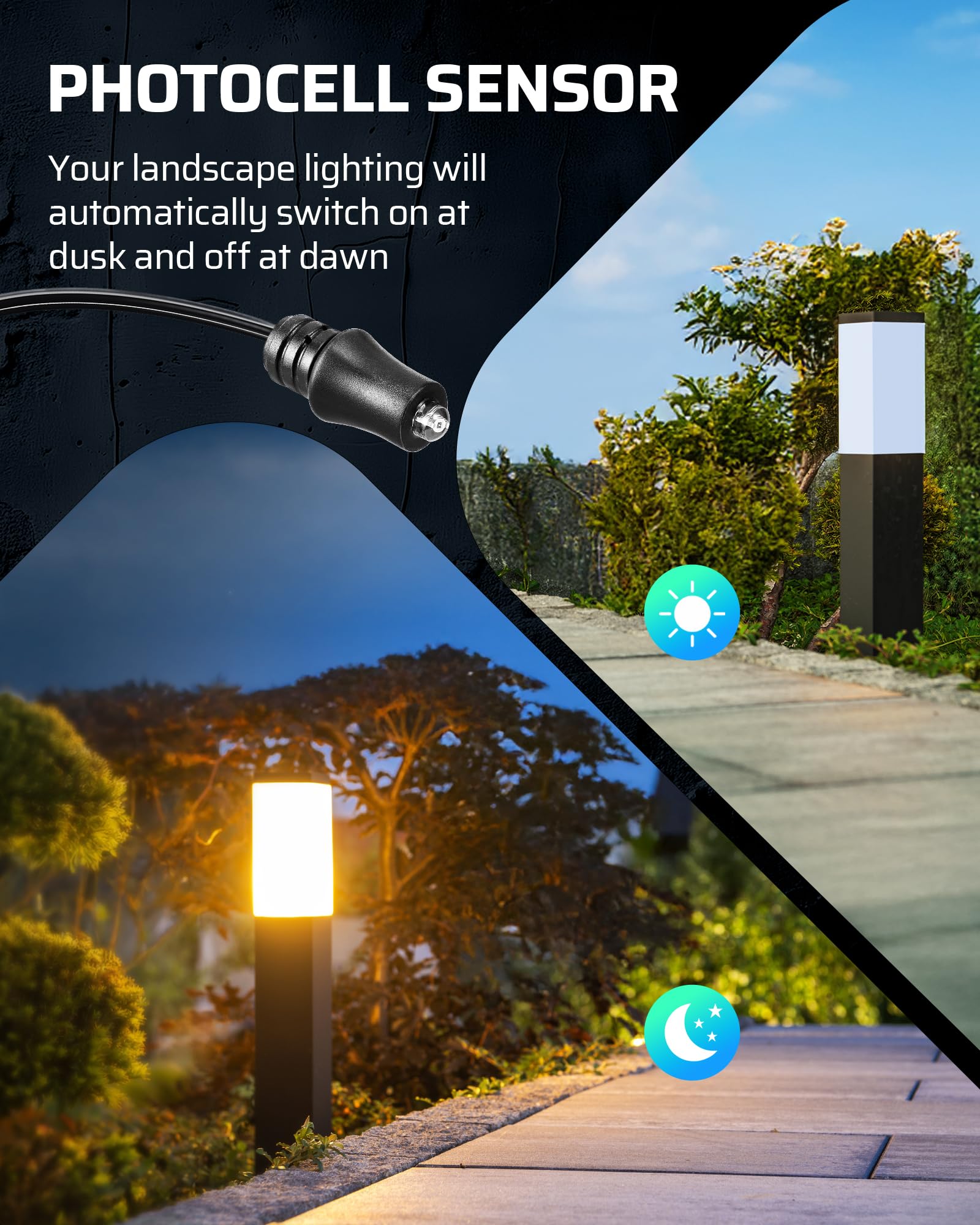 DEWENWILS 200W Low Voltage Landscape Transformer, 120V to 12V, Weatherproof, Dusk to Dawn Sensor, Black, Model HCLT04H1