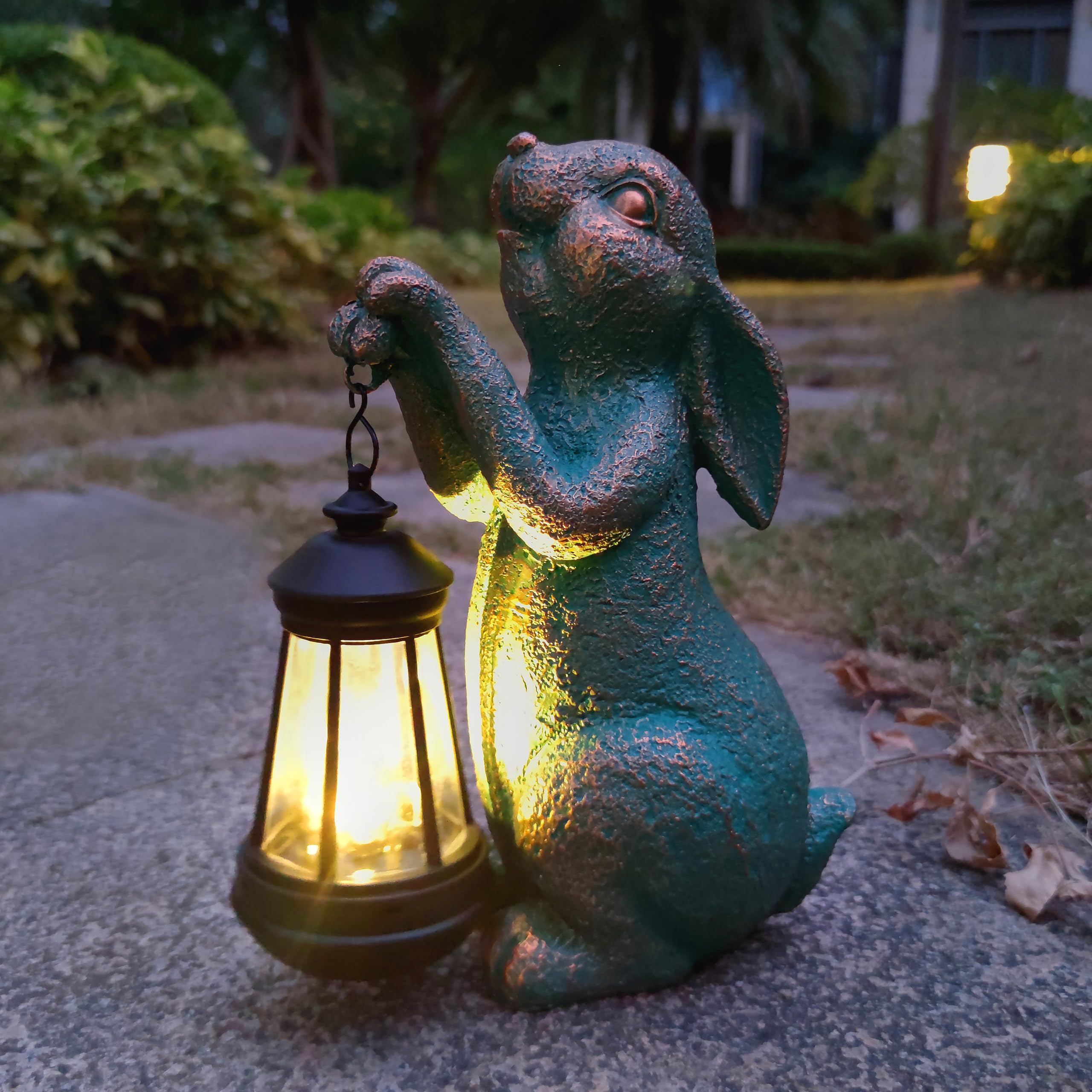 Joybee Garden Statues Rabbit With Solar Lantern Outdoor Decor-Rabbit Solar Figurines Lights Decorations For Patio Yard Lawn Orna