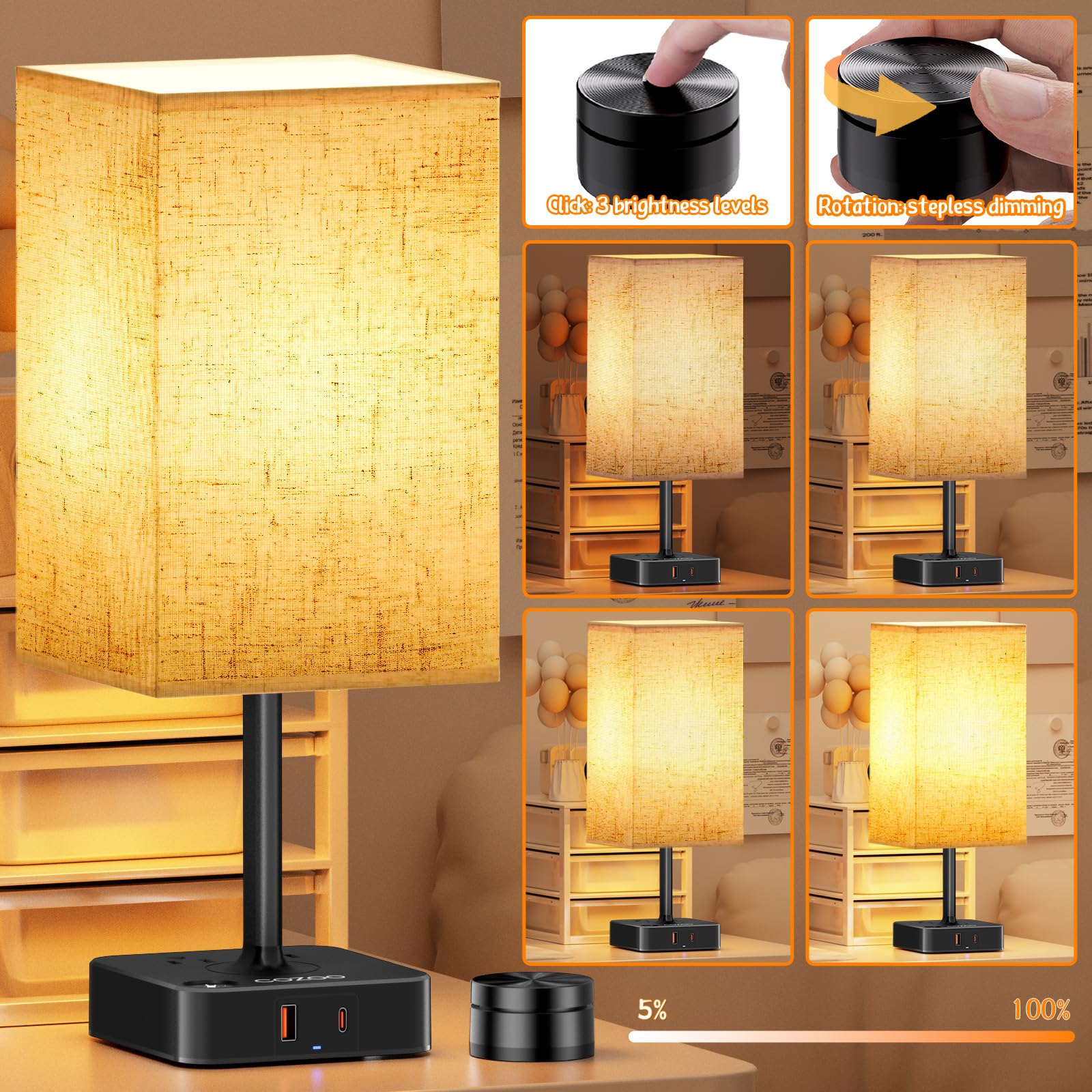 Bedroom Table Lamp With Remote Operation Control,Dimmable Bedside Table Desk Lamps With Usb C+A Charging Ports 2 Ac Outlets,Nigh