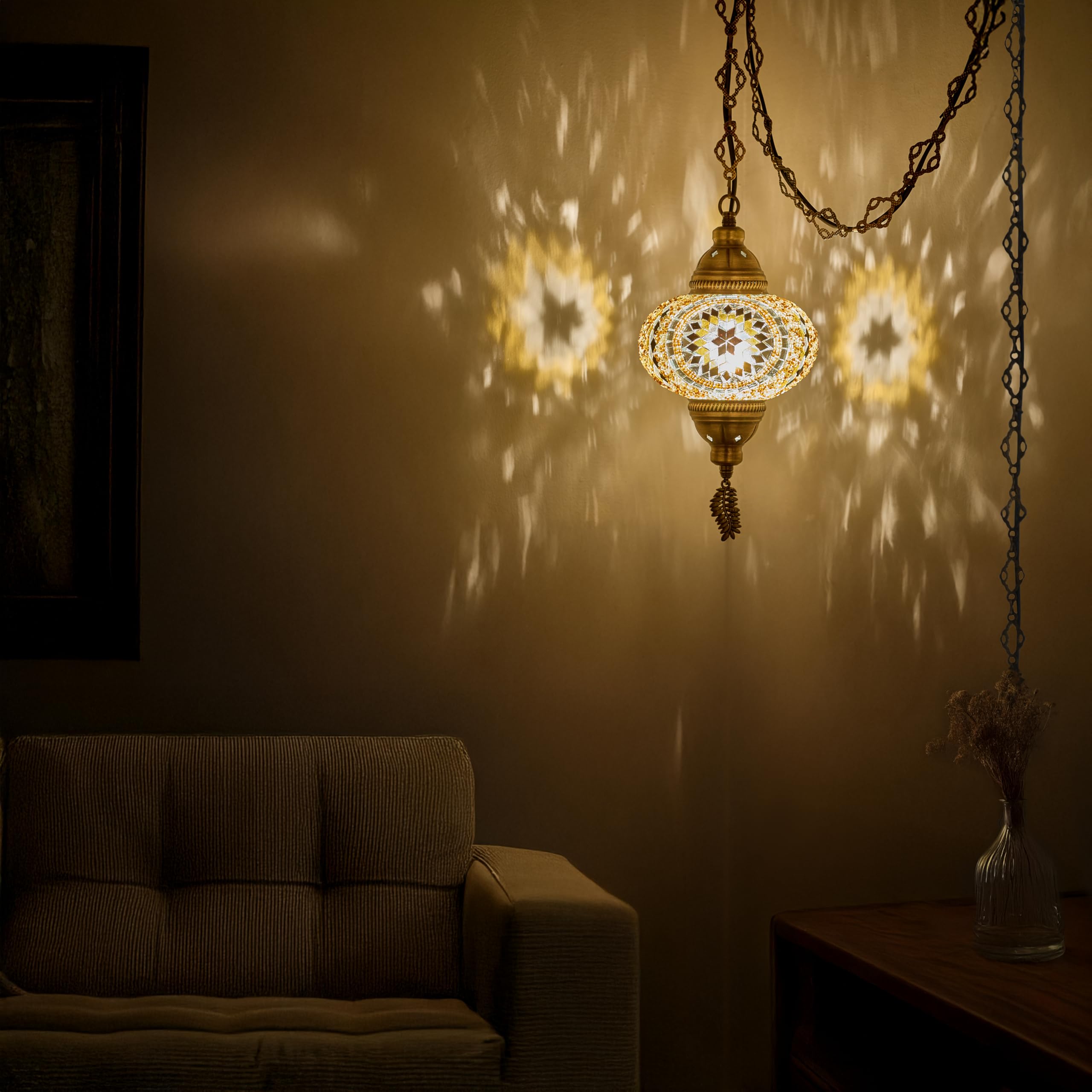 Demmex Plug-In Turkish Moroccan Mosaic Hanging Pendant Ceiling Light - Swag Lamp Fixture With 15Ft Cord & Chain, Handcrafted Gla