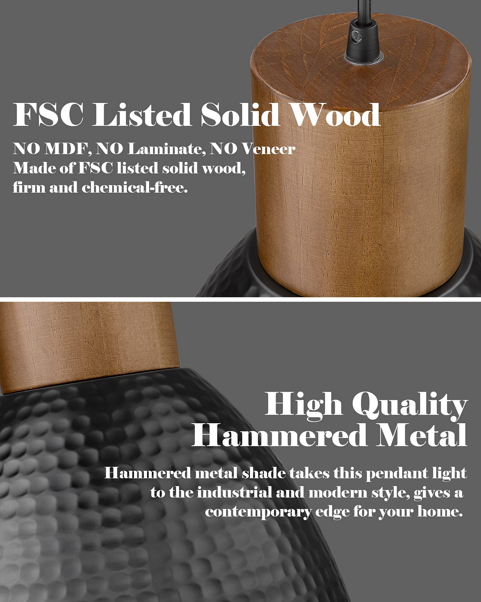 Elyona 2 Pack Industrial Pendant Lights, Black Hammered Metal & Wood For Kitchen & Dining