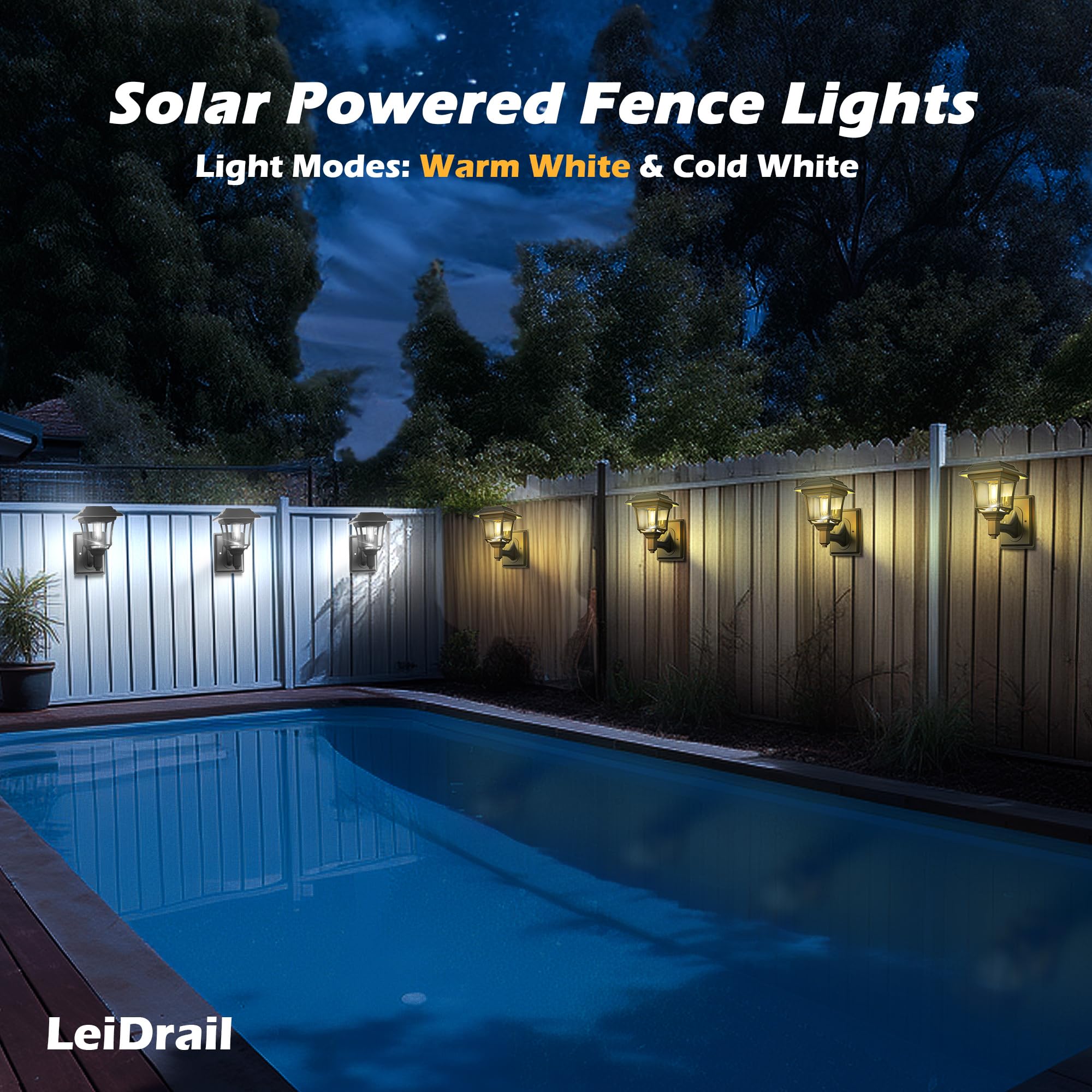LeiDrail Solar Fence Lights, Edison Bulb, Waterproof LED, Warm/Cold White, 4 Pack, Black