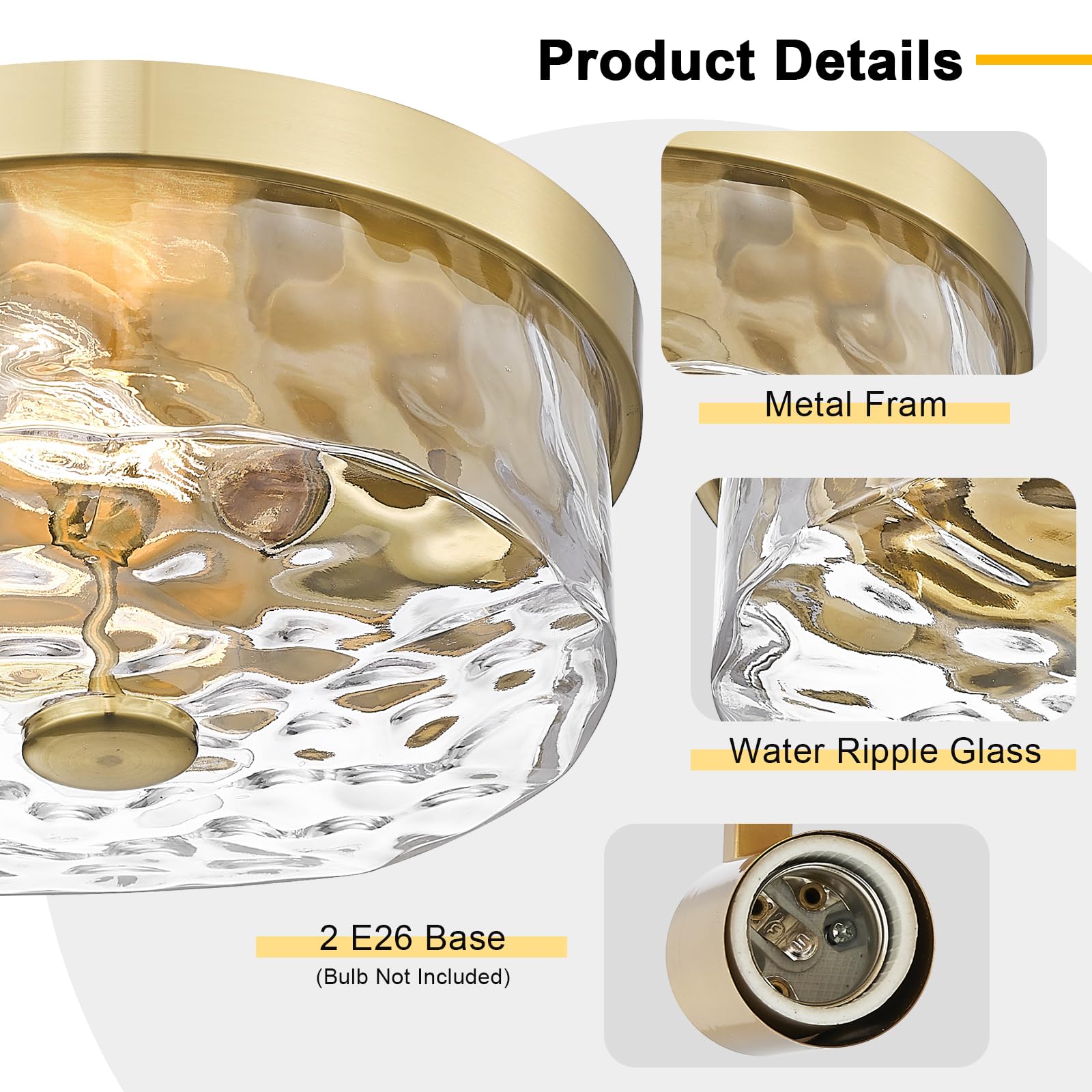 Luminzone 2-Light Flush Mount Ceiling Light, Brushed Gold Iron with Water Ripple Glass Shade, Model 7J10F BG+WG for Bedroom & Living Room
