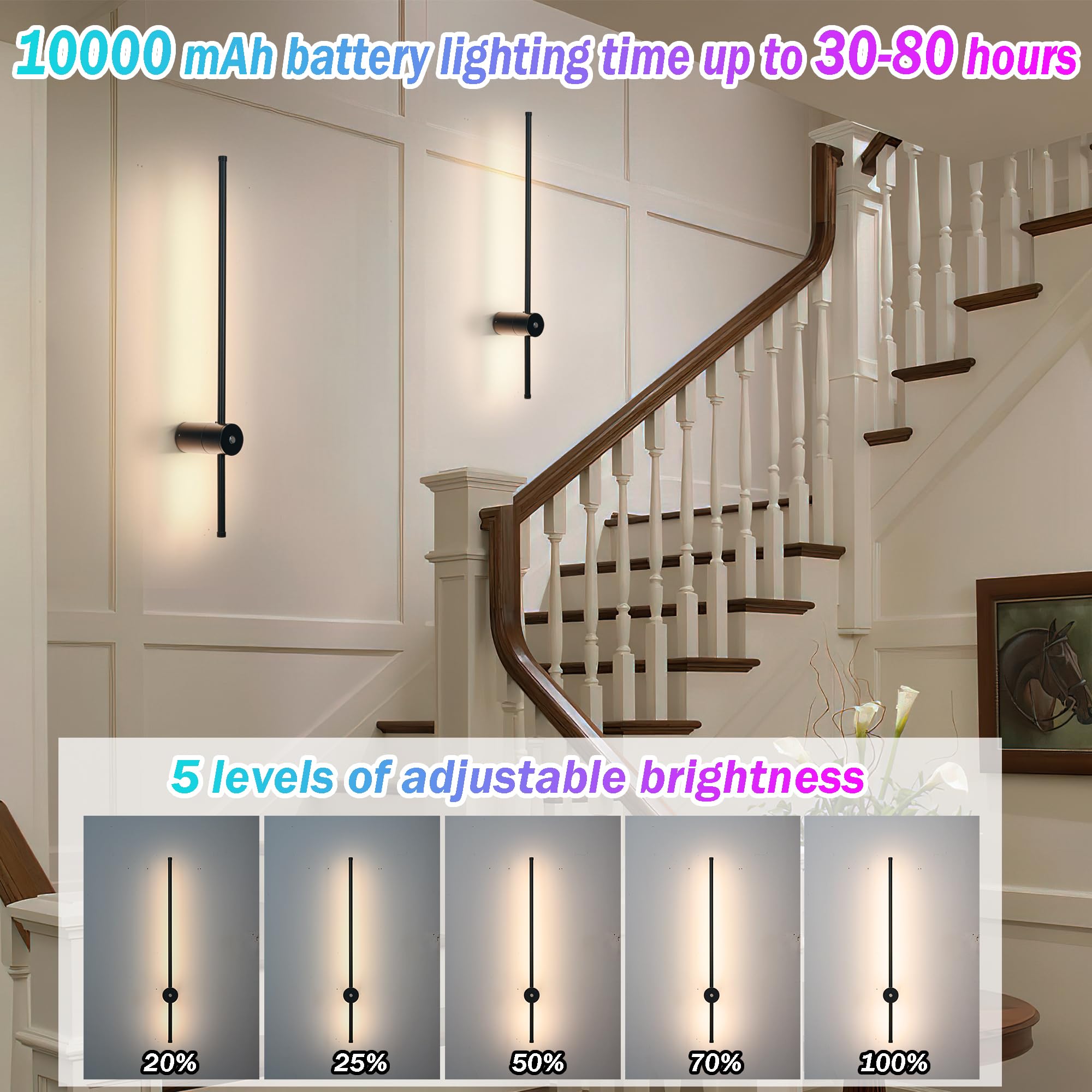 Battery Operated Wall Sconce, Wireless Wall Sconces Set Of Two With Remote Control, 10000Mah Detachable Rechargeable Wall Sconce
