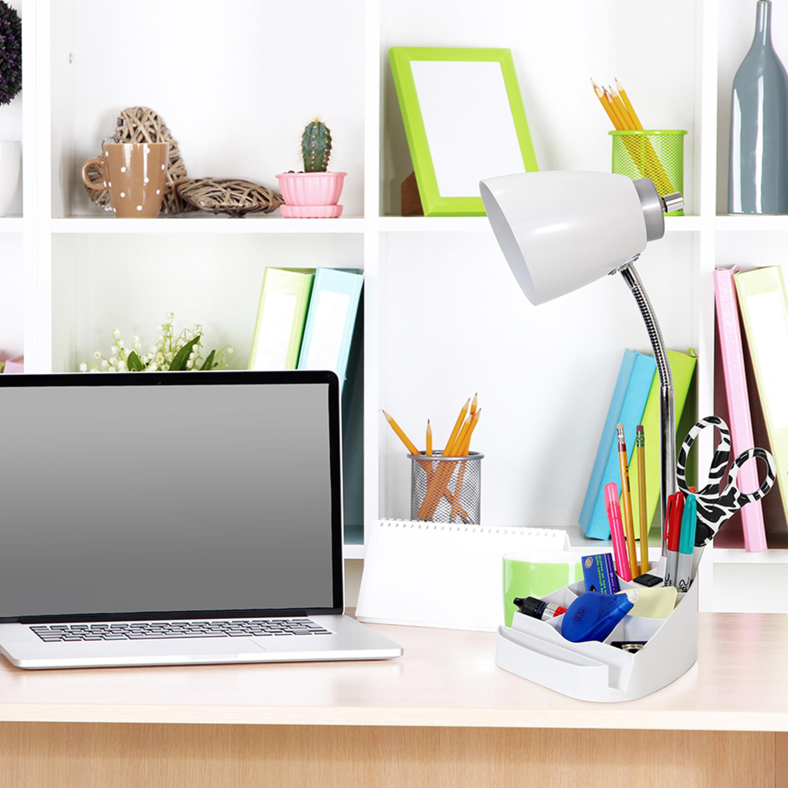 Simple Designs LD1094-WHT 18.5 All-in-One Gooseneck Desk Lamp with iPad Stand, Book Holder, and Convenient Charging Outlet, for