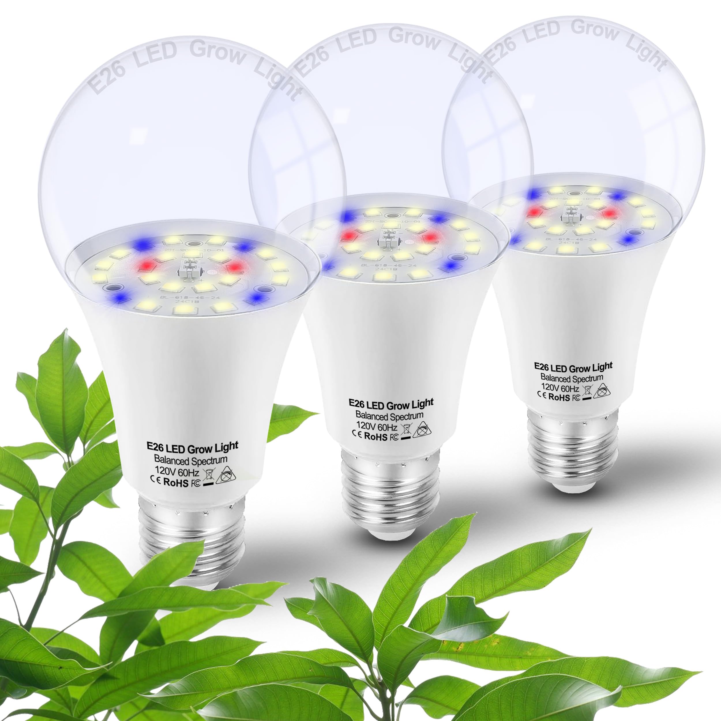 ALIDE Grow Light Bulbs for Indoor Plants, E26 A19 LED 10W, Full Spectrum 5000K Red Blue, 3-Pack