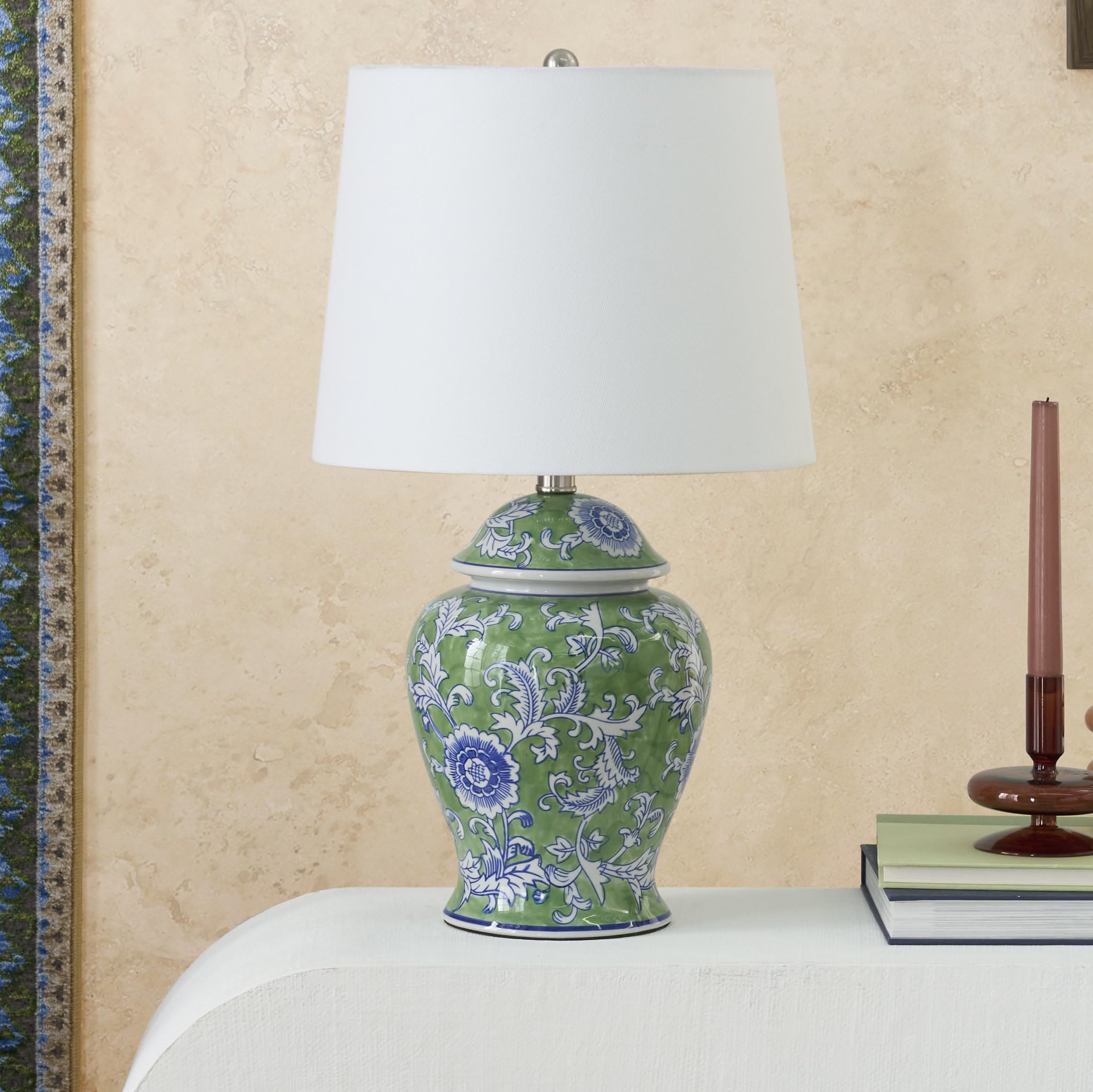 Nourison Home 24 Green & Blue Floral Ginger-Jar Ceramic Traditional Table Lamp for Living Room  Bedroom  Dining Room  Reading