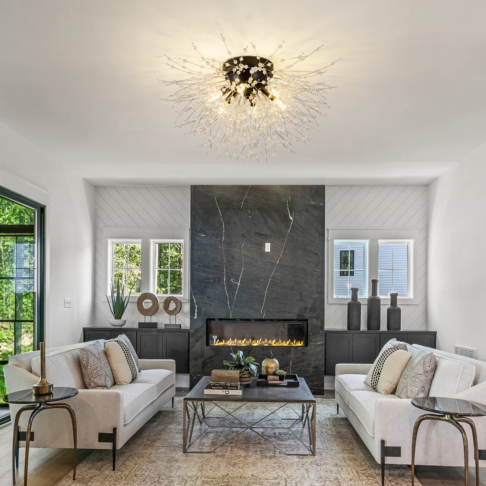 CM MZY Black Semi Flush Mount Ceiling Light Fixture, 6-Light Modern Crystal Sputnik Design, Model XT-XH-6BK