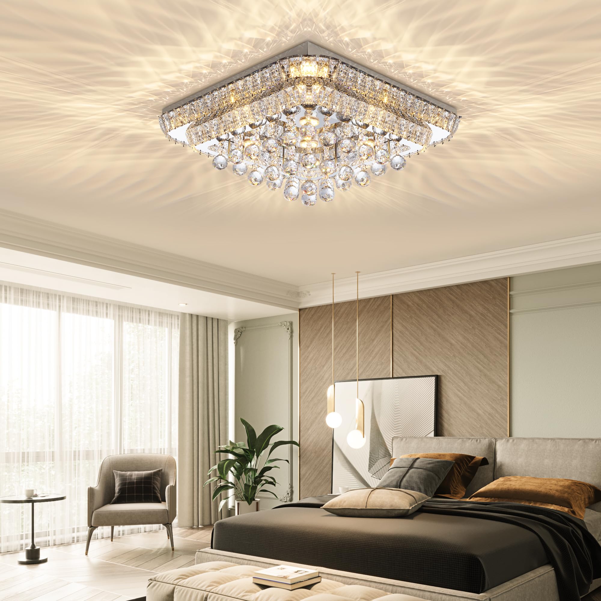 24 Crystal Ceiling-Light Flush Mount with Remote and APP, 3 Colors Temp & Brightness Adjustable, Modern Crystal Raindrop Chandel