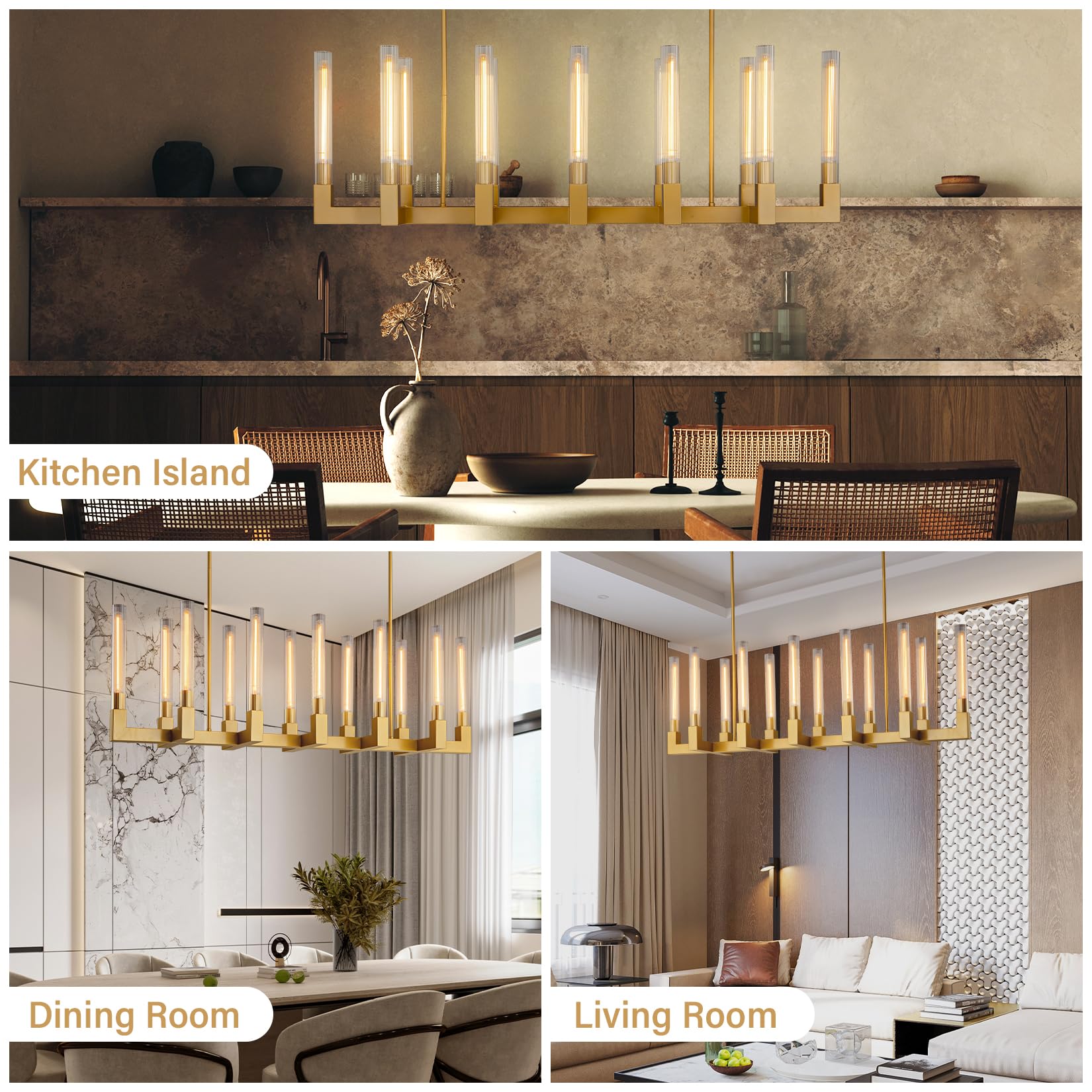 YUEXPAND Farmhouse Chandelier, Gold 12-Lights Modern Pendant Lighting, 54'' Rectangular, Ideal for Dining & Living Rooms