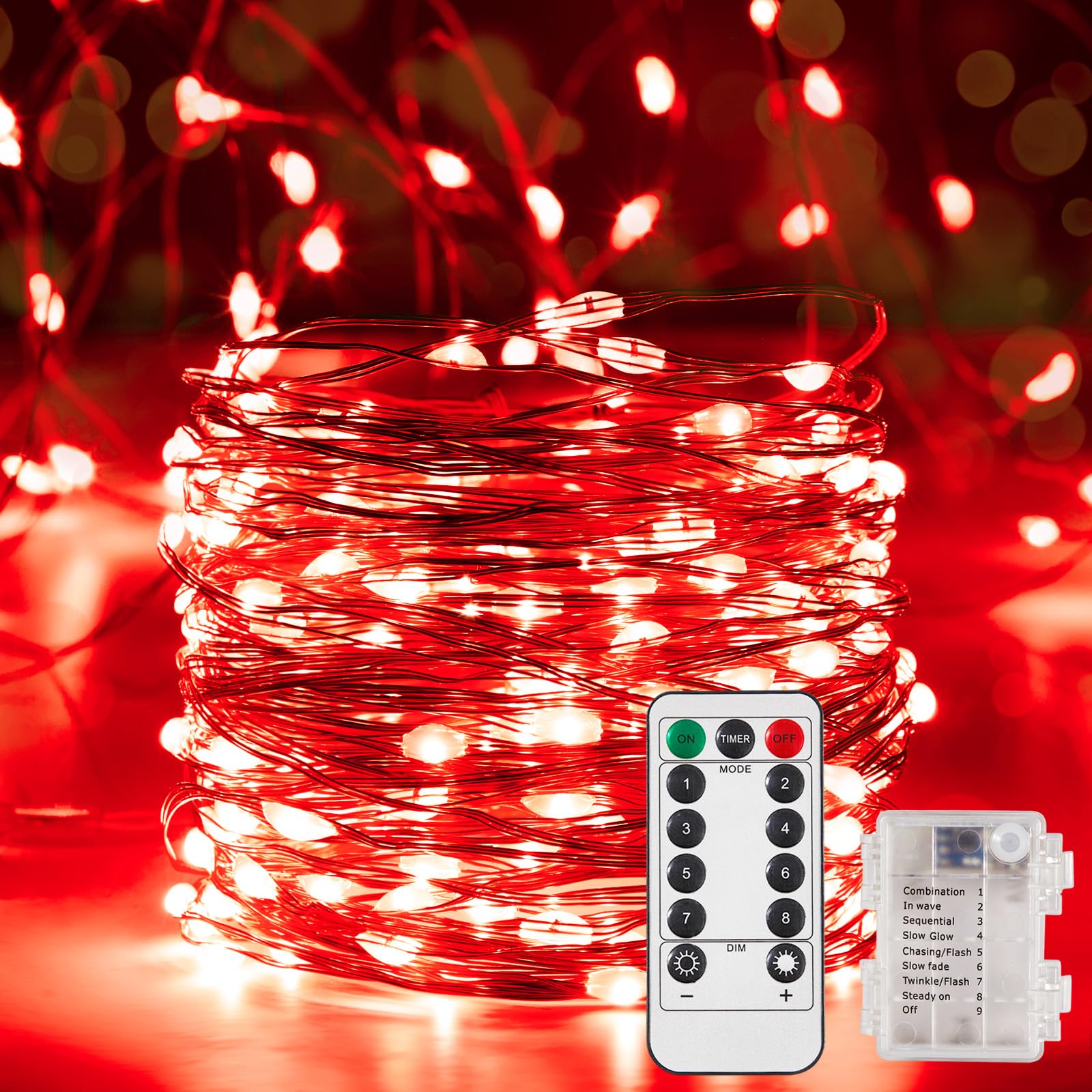 Ariceleo 16.4 Ft Battery Operated Outdoor String Lights, Red LED Fairy Lights, Waterproof, Remote & Timer, 1 Pack