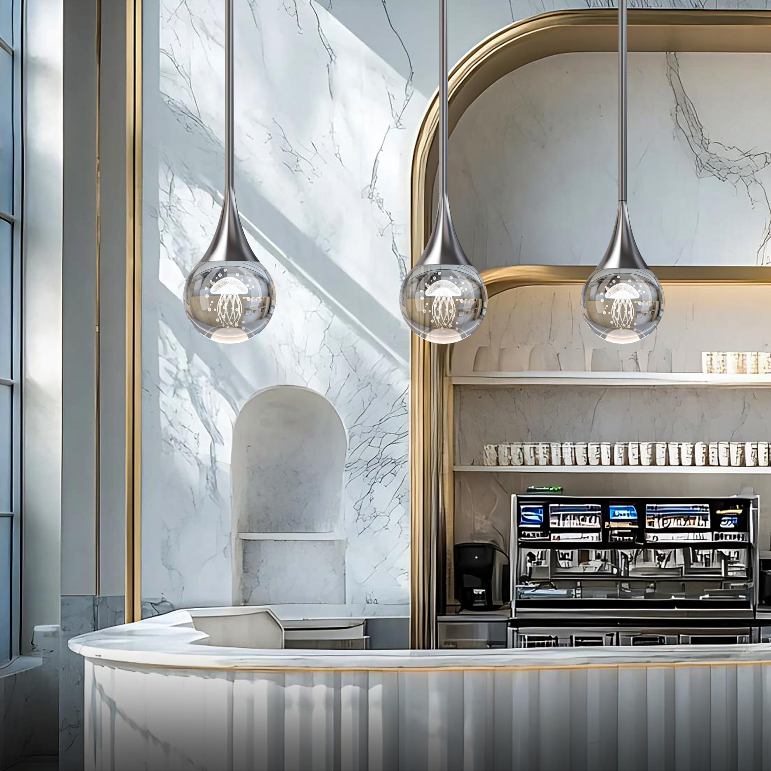1-Pendant Lights Kitchen Island  Chrome Silver Crystal Globe Ceiling Hanging Light Fxitures  Led Lamp Metal Rod Ceiling Jellyfish Pendant Lighting For Kitchen Dining Room Bar