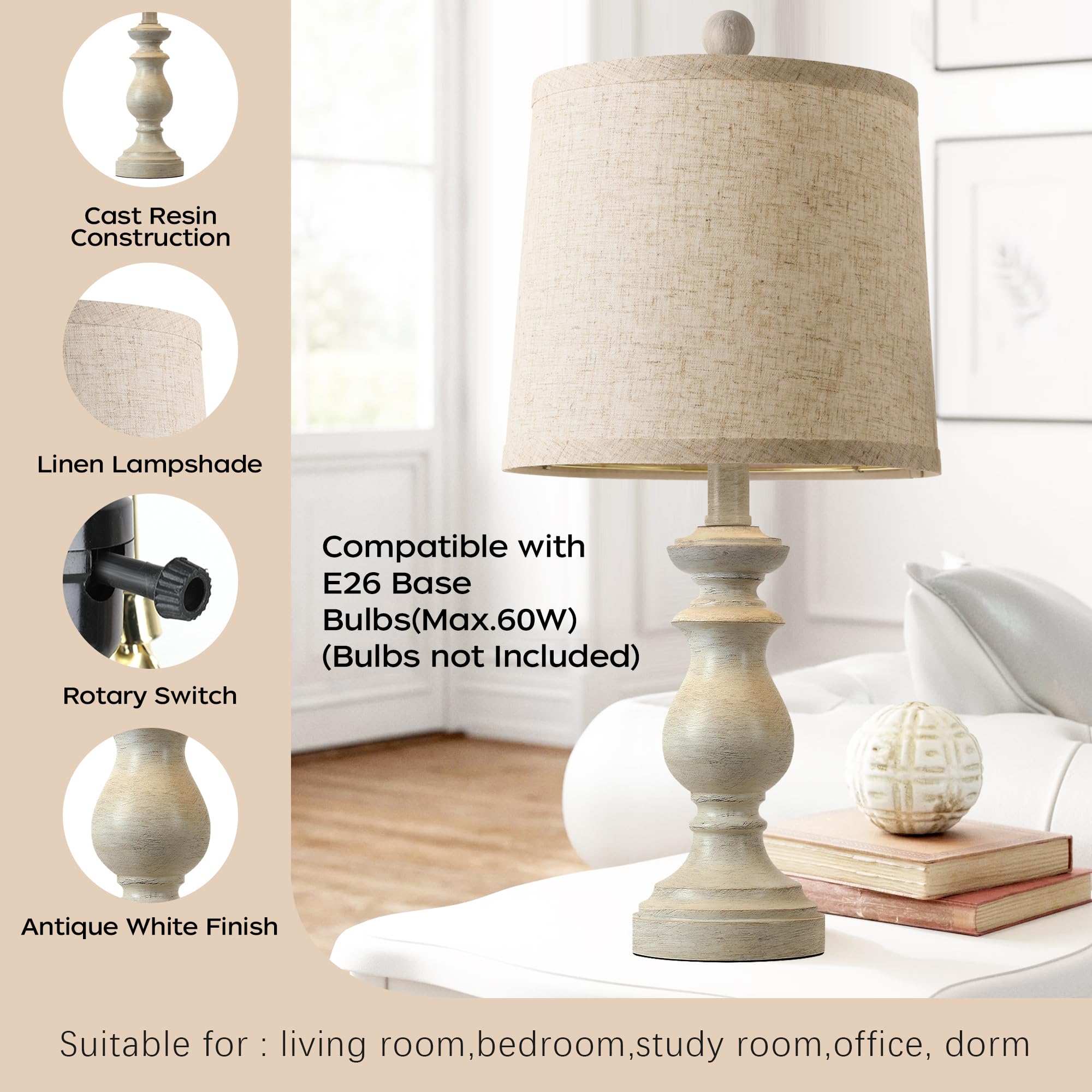 PARTPHONER Traditional Table Lamp Set of 2, Rustic Vintage Design, 22in Height, Antique White, Resin, Model STR-DL-0004