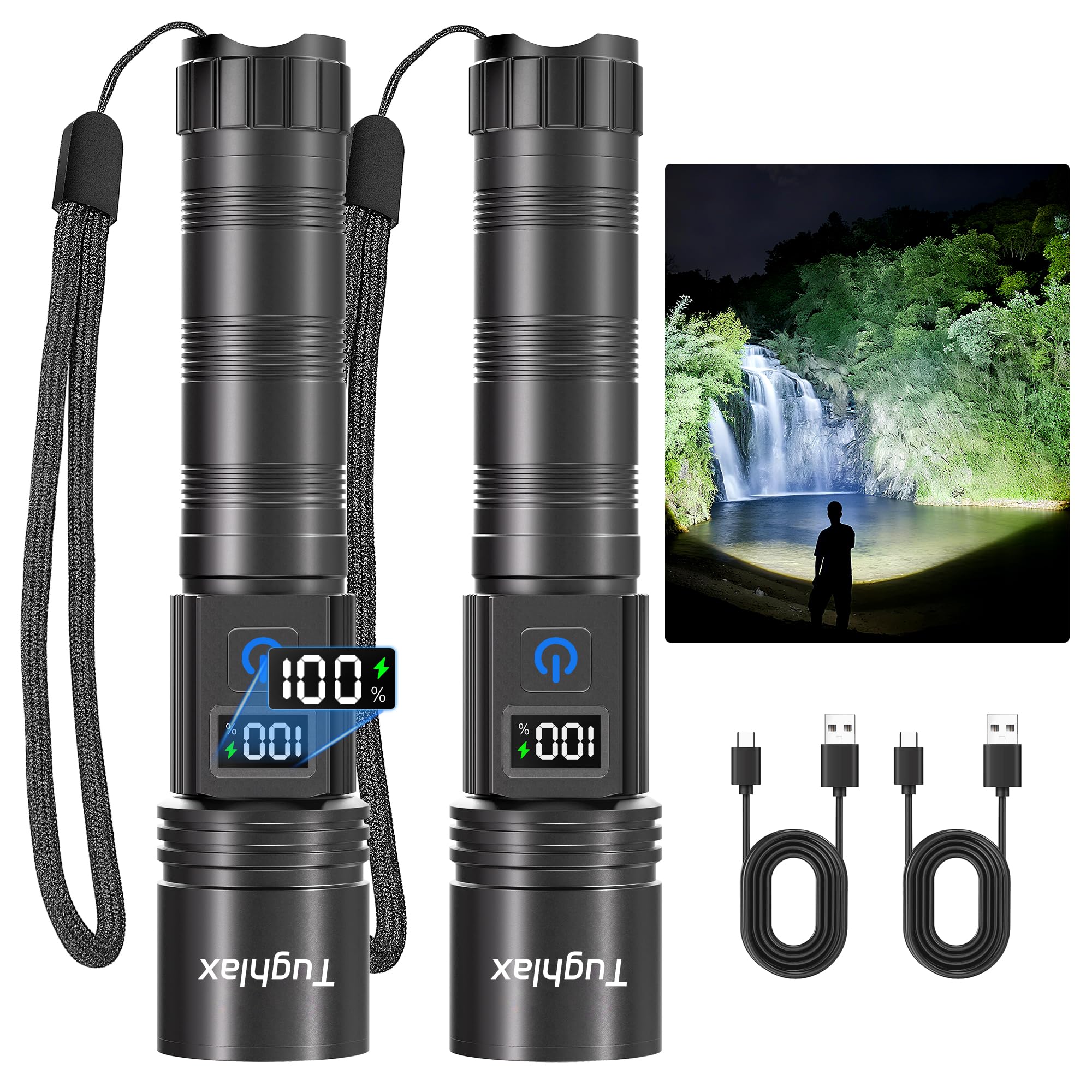 Tughlax LED Rechargeable Flashlights 9900 High Lumens 2Pack, Super Bright Flashlight, Zoomable Powerful Camping Flashlights with