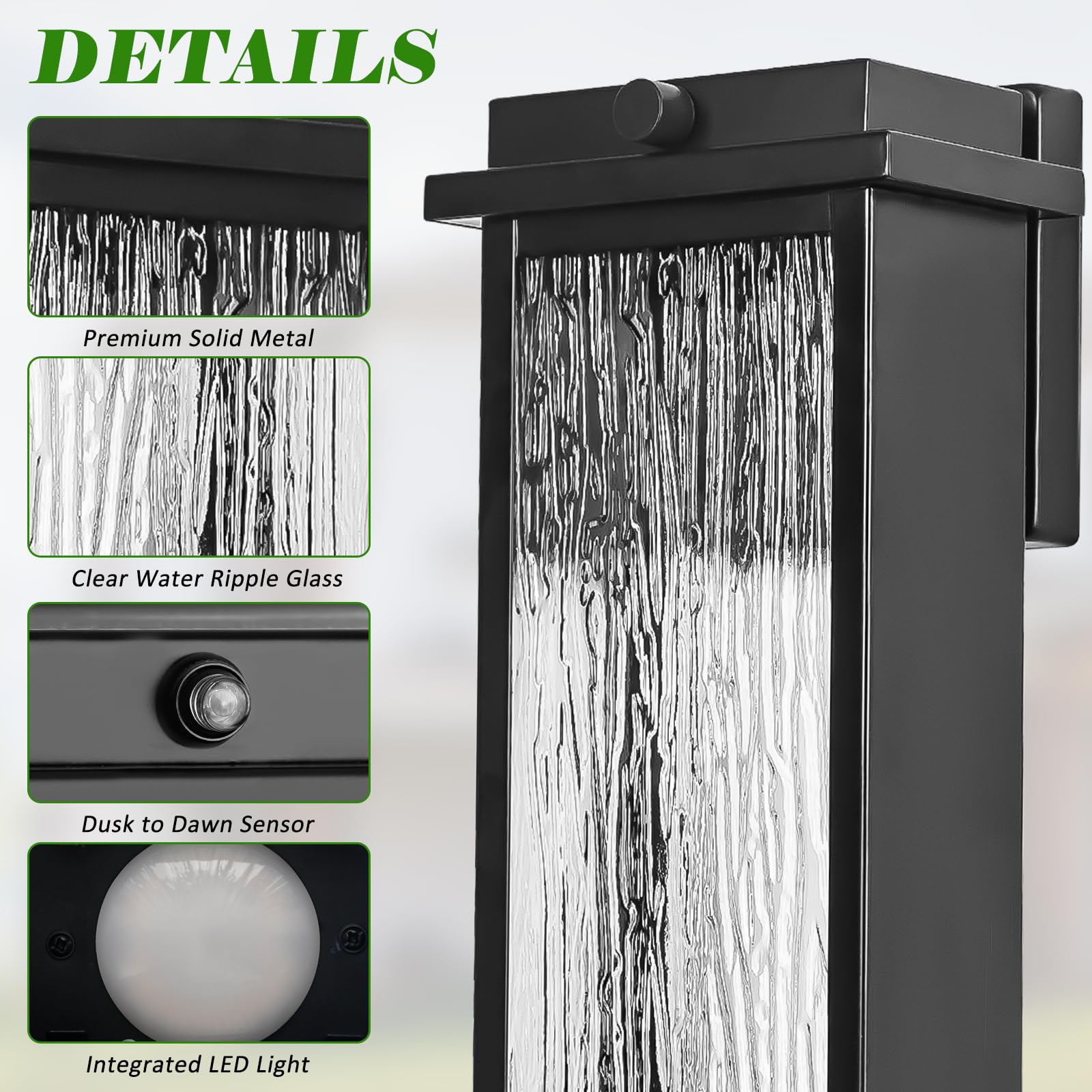 Black Led Dusk To Dawn Outdoor Lighting 2 Packs, 16" Large Outside Farmhouse Wall Lantern, Industrial Porch Wall Mount Light Fixture With Rippled Glass, Waterproof Modern Exterior Sconce Lamp
