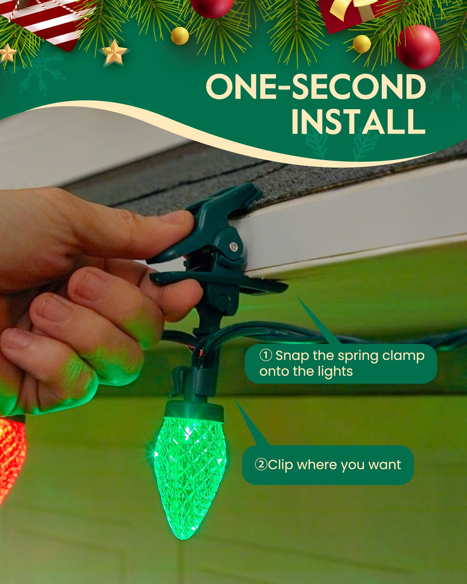 C9 Led Christmas Lights Outdoor With 110 Spring Clips  81Ft 110 Led C9 String Lights Waterproof Connectable For Roofline Patio House Yard Windows Xmas Tree Indoor Outdoor Christmas Decor  Red Green