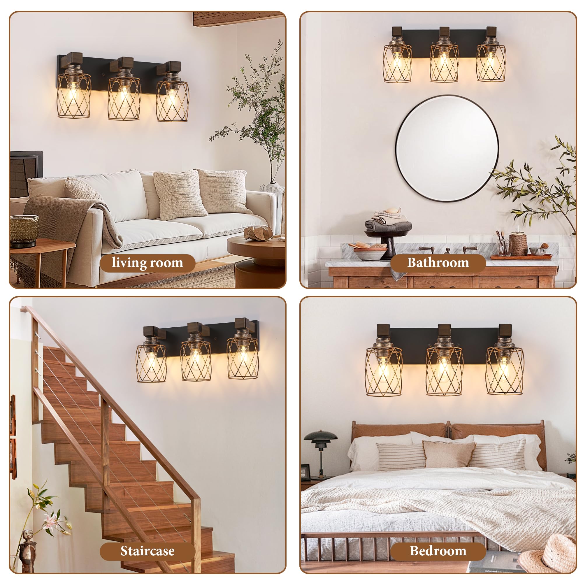 XvmBvm Farmhouse Bathroom Vanity Light - 3-Light Metal Fixture, Black Gold, Model X3015-G-3 for Rustic Lighting in Bathroom, Living Room, Hallway