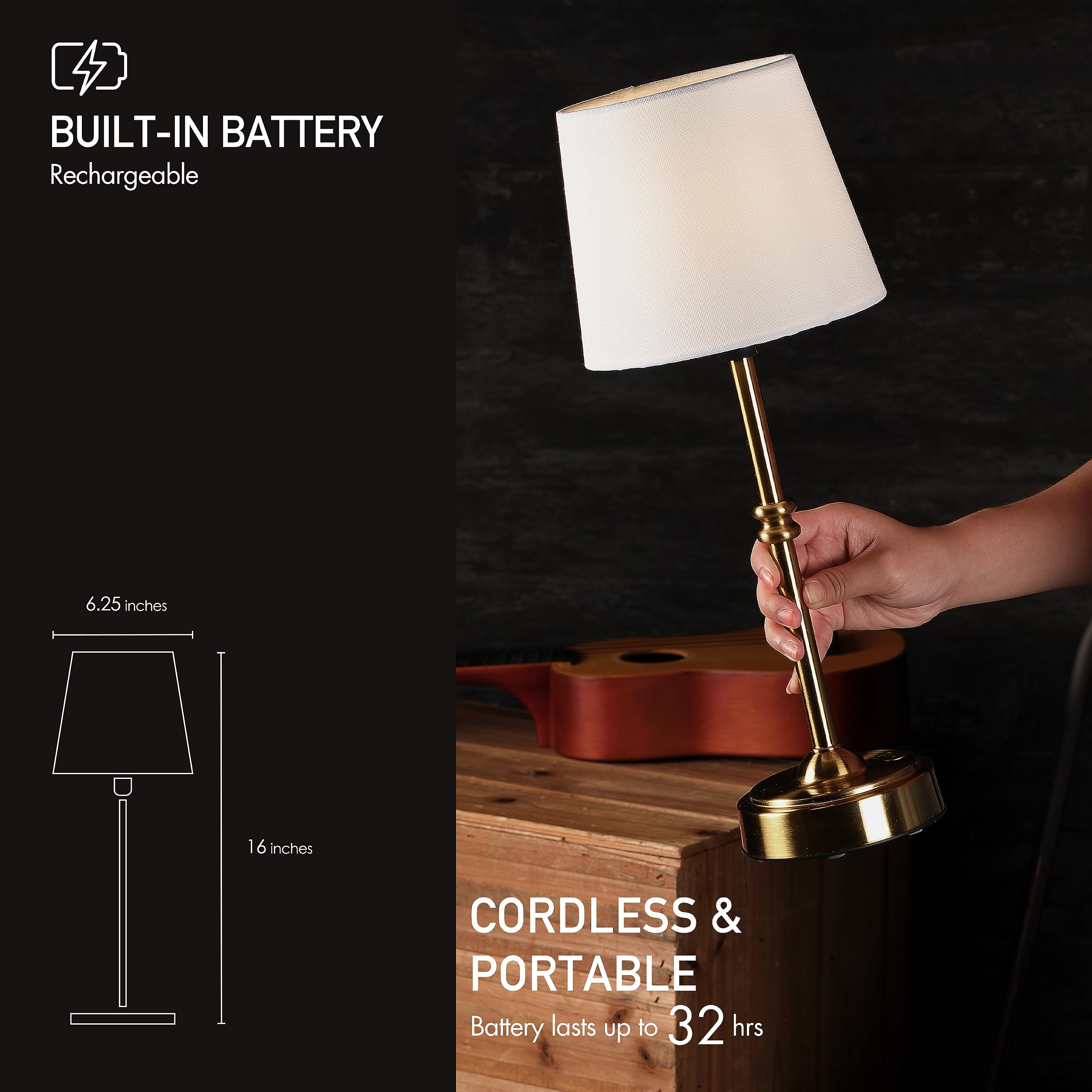 O'Bright Cordless LED Table Lamp - Dimmer, 3-Level Brightness, Antique Brass, Rechargeable, Model OB-TL19B