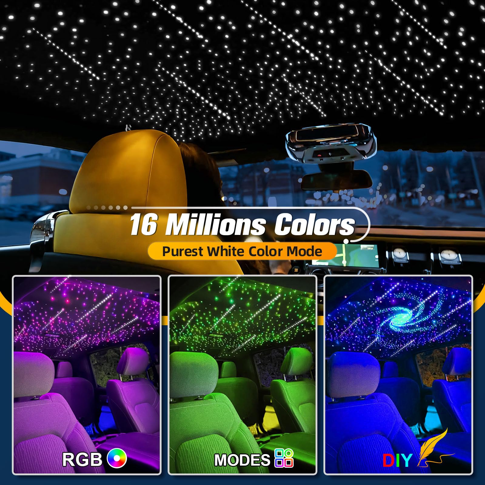 SUNKENET 12W RGBW Starlight Headliner Kit, 550pcs Fiber Optic Lights, Pure White, Model QJ-L012, Bluetooth/App Control