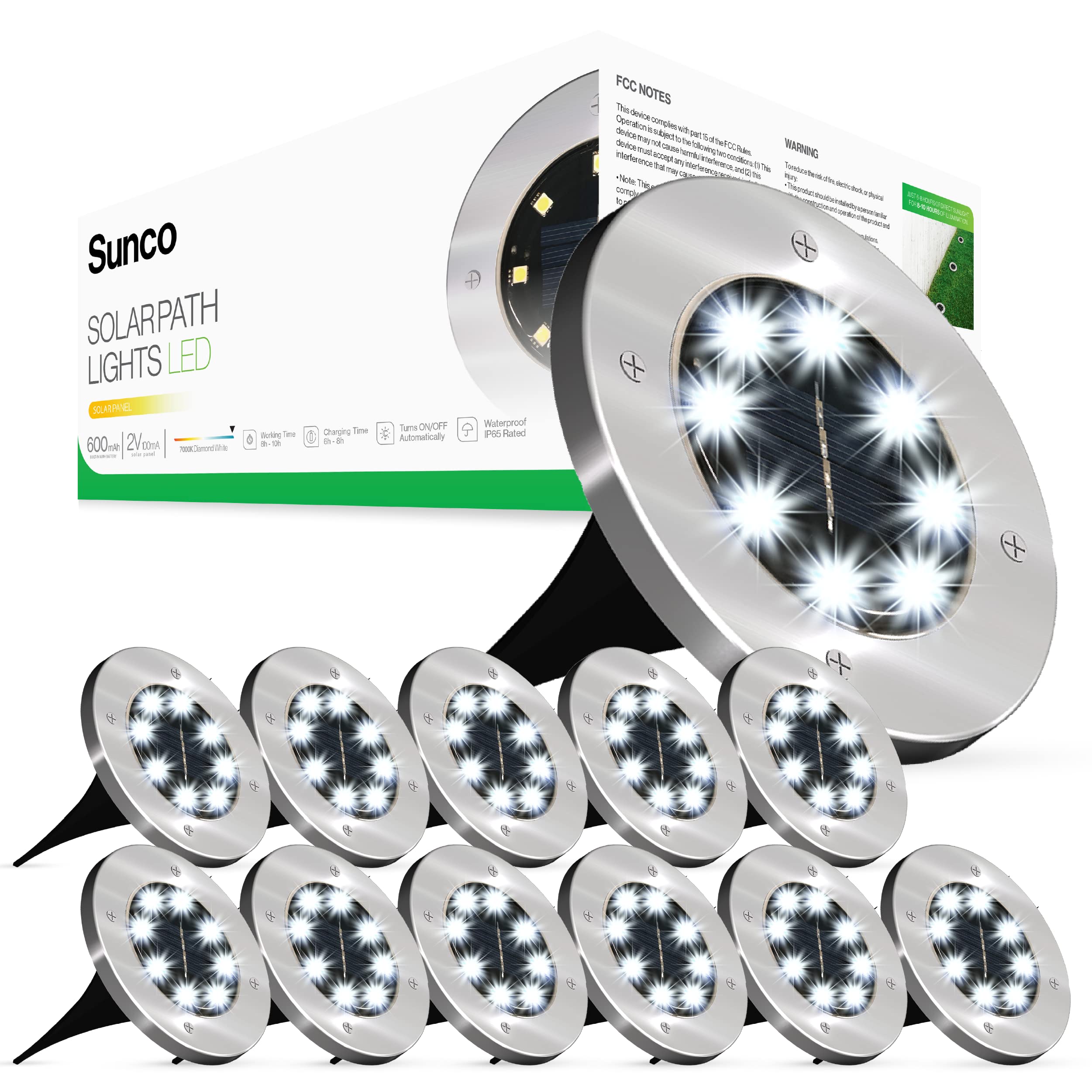 Sunco 12 Pack Solar LED Garden Lights, Waterproof Dusk to Dawn, Polycarbonate, 7000K Diamond White, Model PL_SOL-7K-12PK