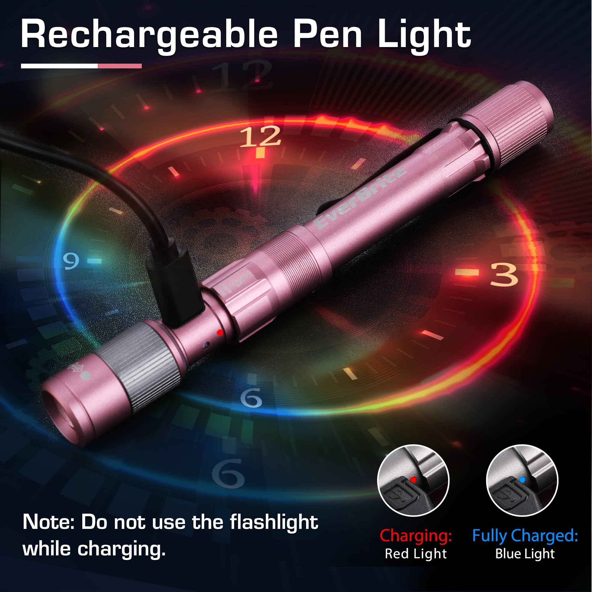 EverBrite Rechargeable Pen Flashlight, 300 Lumens, Zoomable, Aluminum, Pocket Size, Pink, Model E101125AE