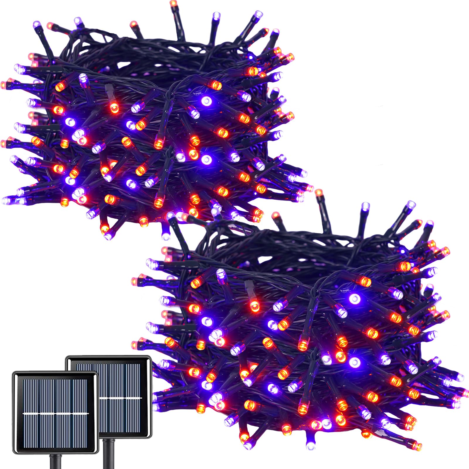 Qitong Orange And Purple Solar String Lights, 2 Pack Each 66Ft 200 Led Halloween String Lights Outdoor Waterproof, 8 Modes Chris