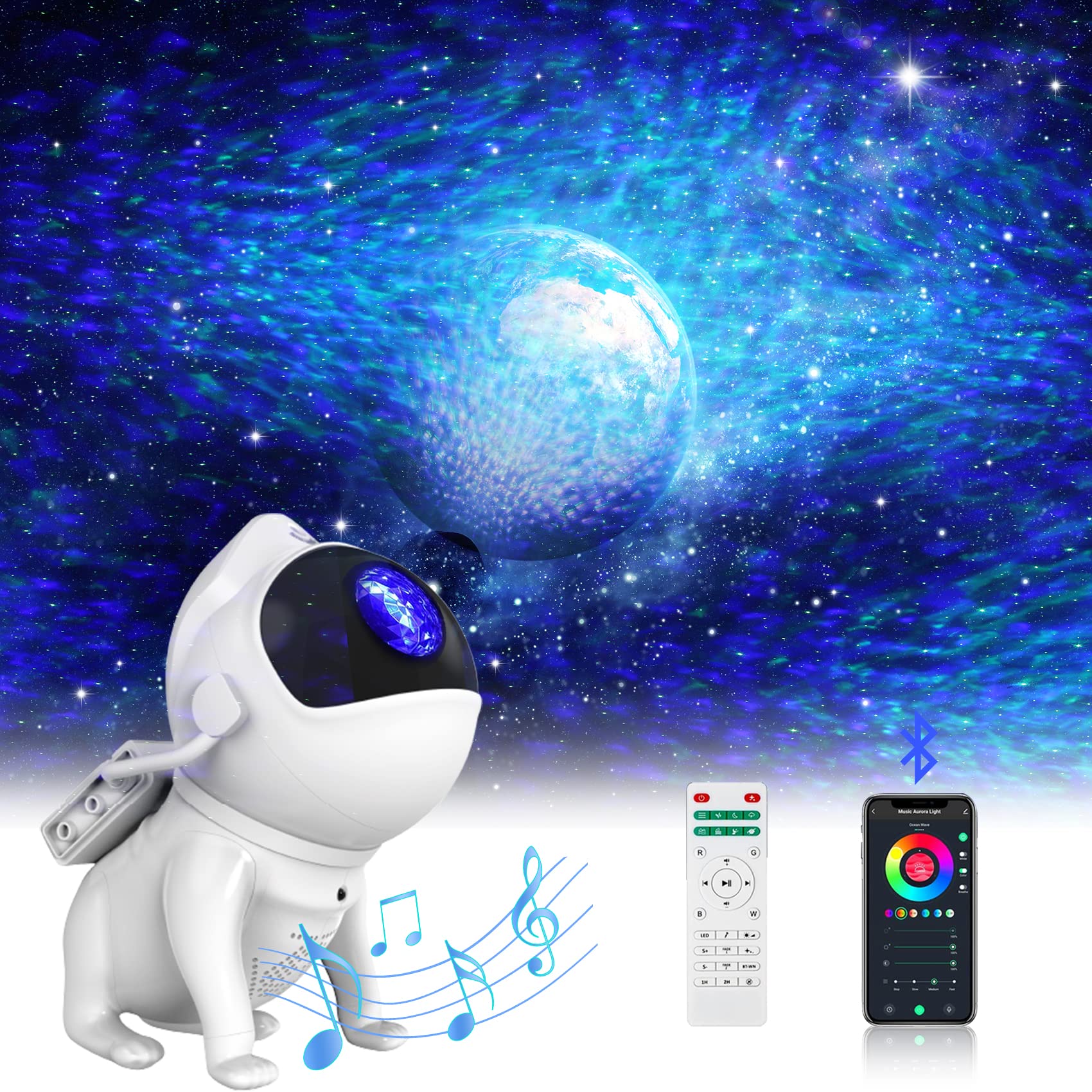 SOMKTN Space Dog Astronaut Star Projector - 21 Color Modes, Bluetooth Speaker, Night Light for Kids, Model BL-TKG06