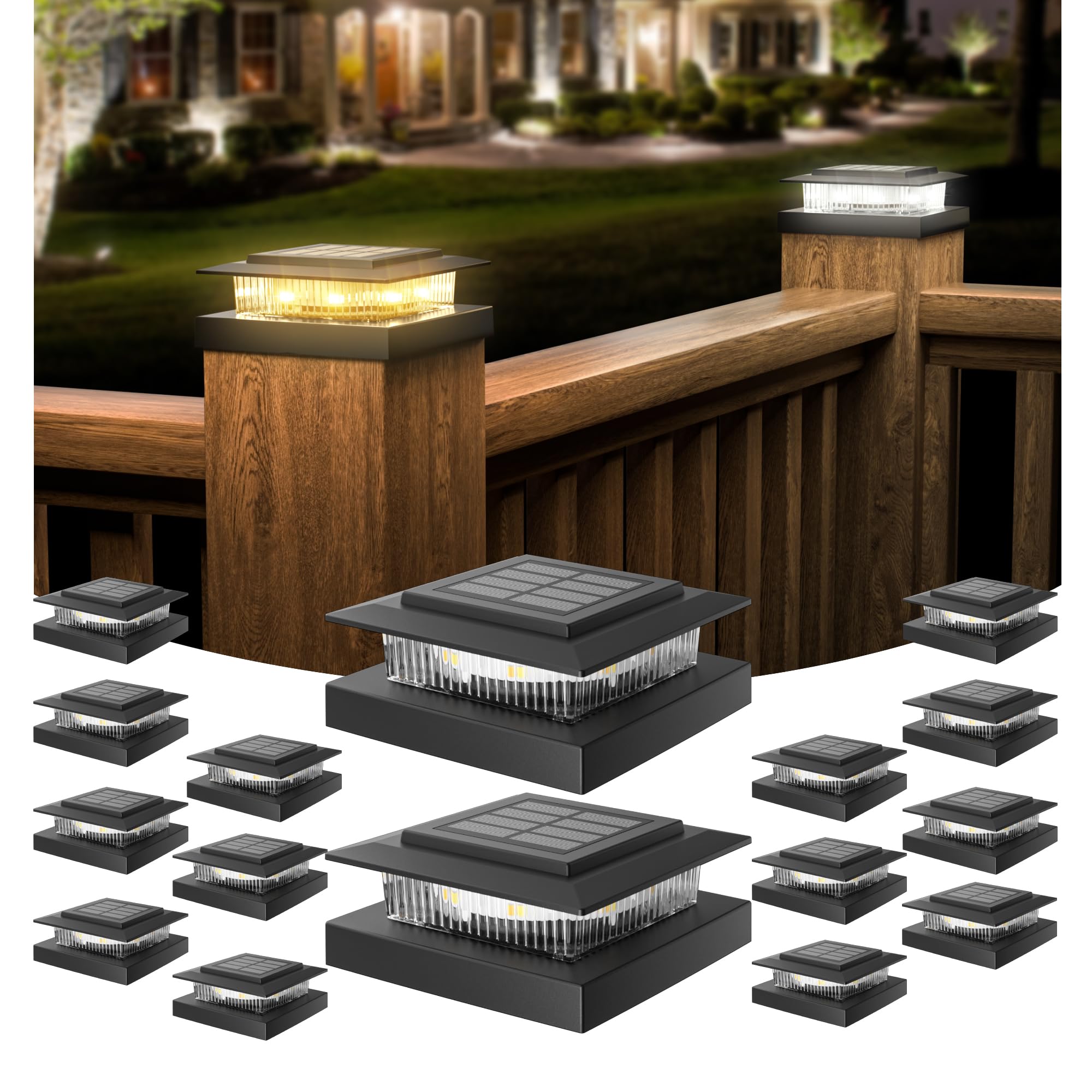 APONUO Solar Deck Post Lights, 16 Pack, IP64 Waterproof, Warm/Cool LED, Easy Install, Black, Model M013