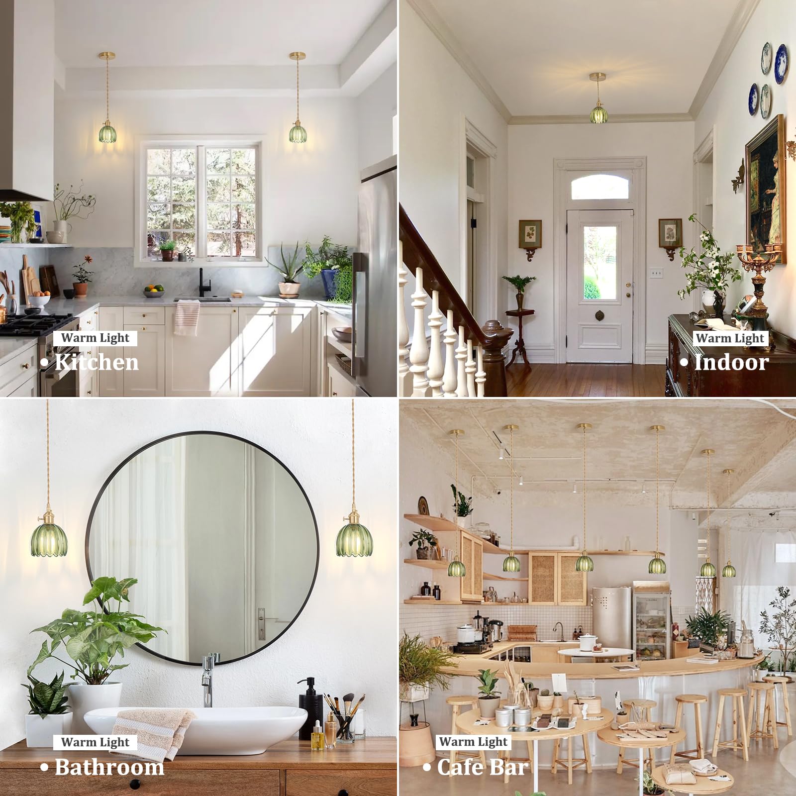 Shenmoyl Mini Pendant Light 2 Pack With Green Tulip Glass Lmapshade, Brass Vintage Pendant Light Adjustable Hanging Light For Ki