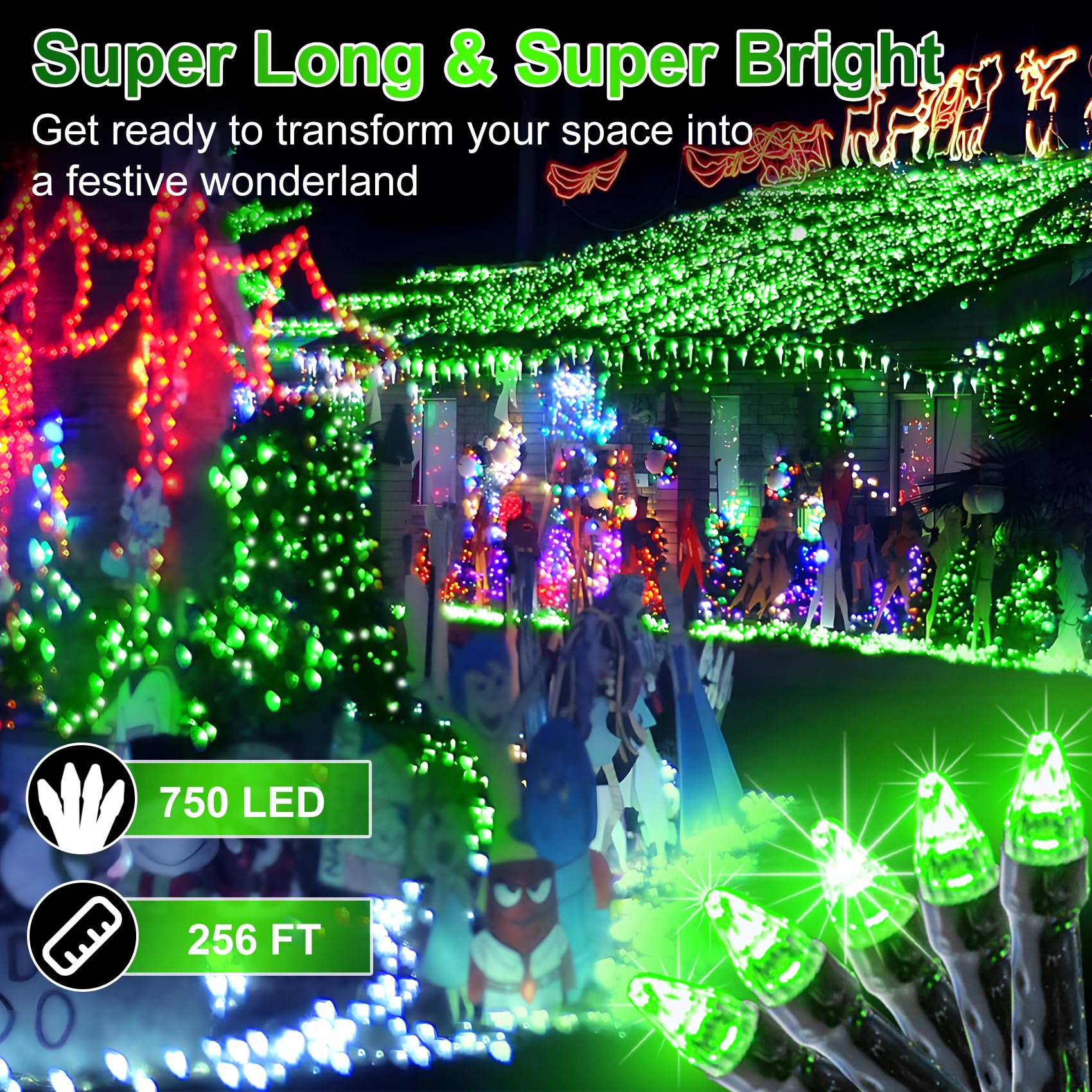 750 Led 256Ft Outdoor Christmas Lights, Super Long String Lights 8 Modes Timer Memory, Outsite Waterproof Dark Green Wire Fairy
