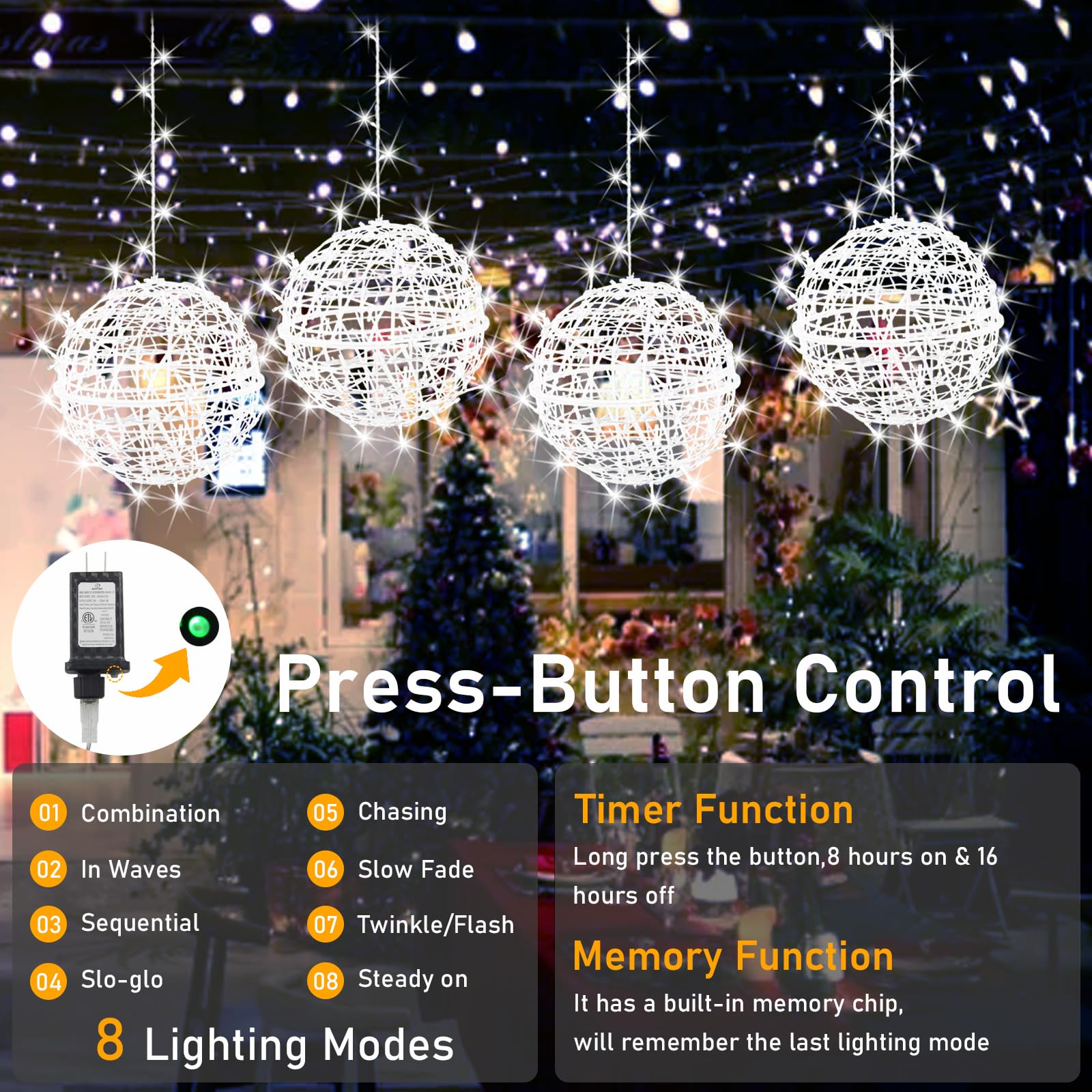 Outdoor Balls Lights Hanging Tree Garden Lights - 4 Pack 11.8'' Sphere Lights With Plug In Globe Lights Trees Garden Lights For