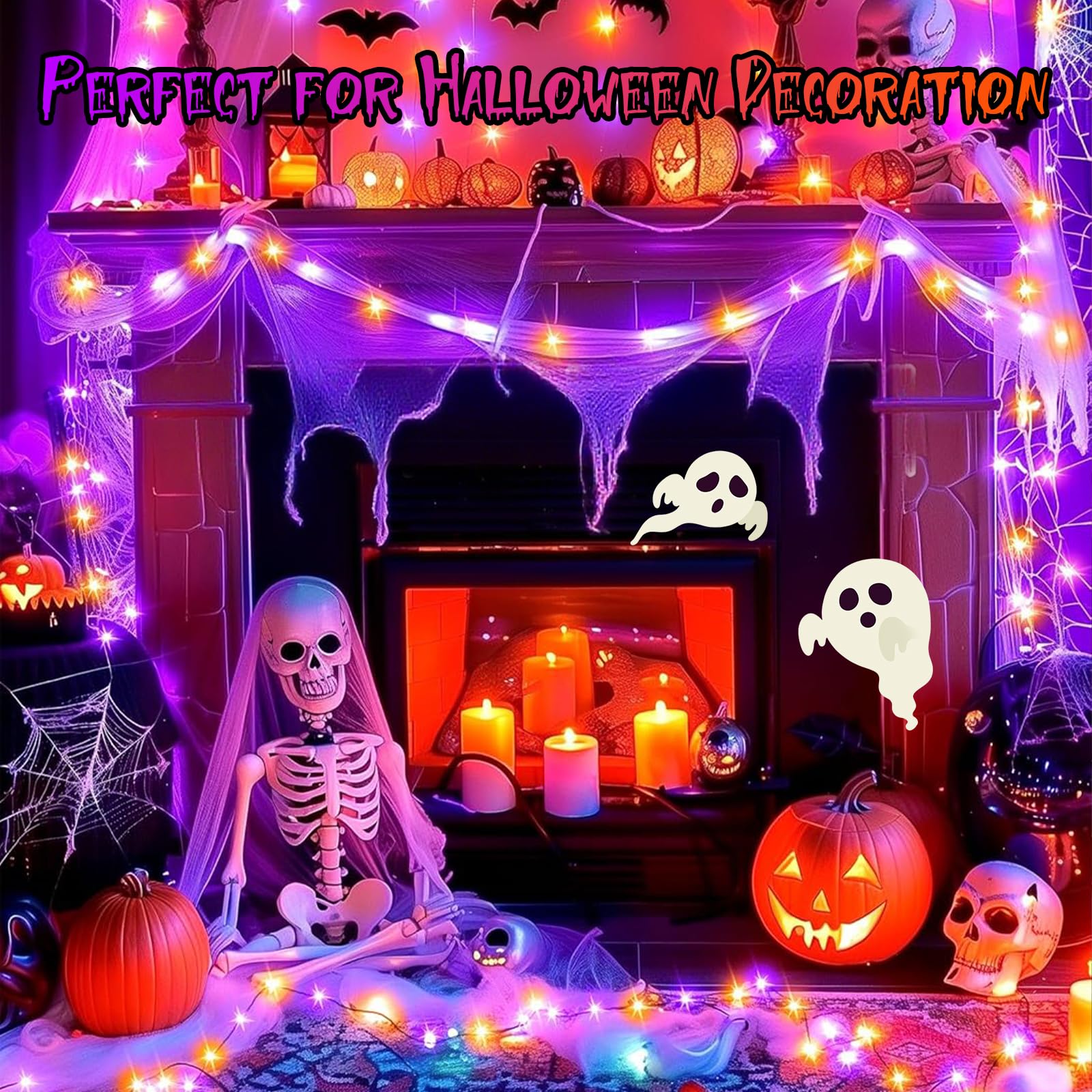 MGYIF Halloween String Lights, 200 LED, Purple and Orange, Waterproof, 8 Modes, Timer, Model CX-36V-5000LHWW
