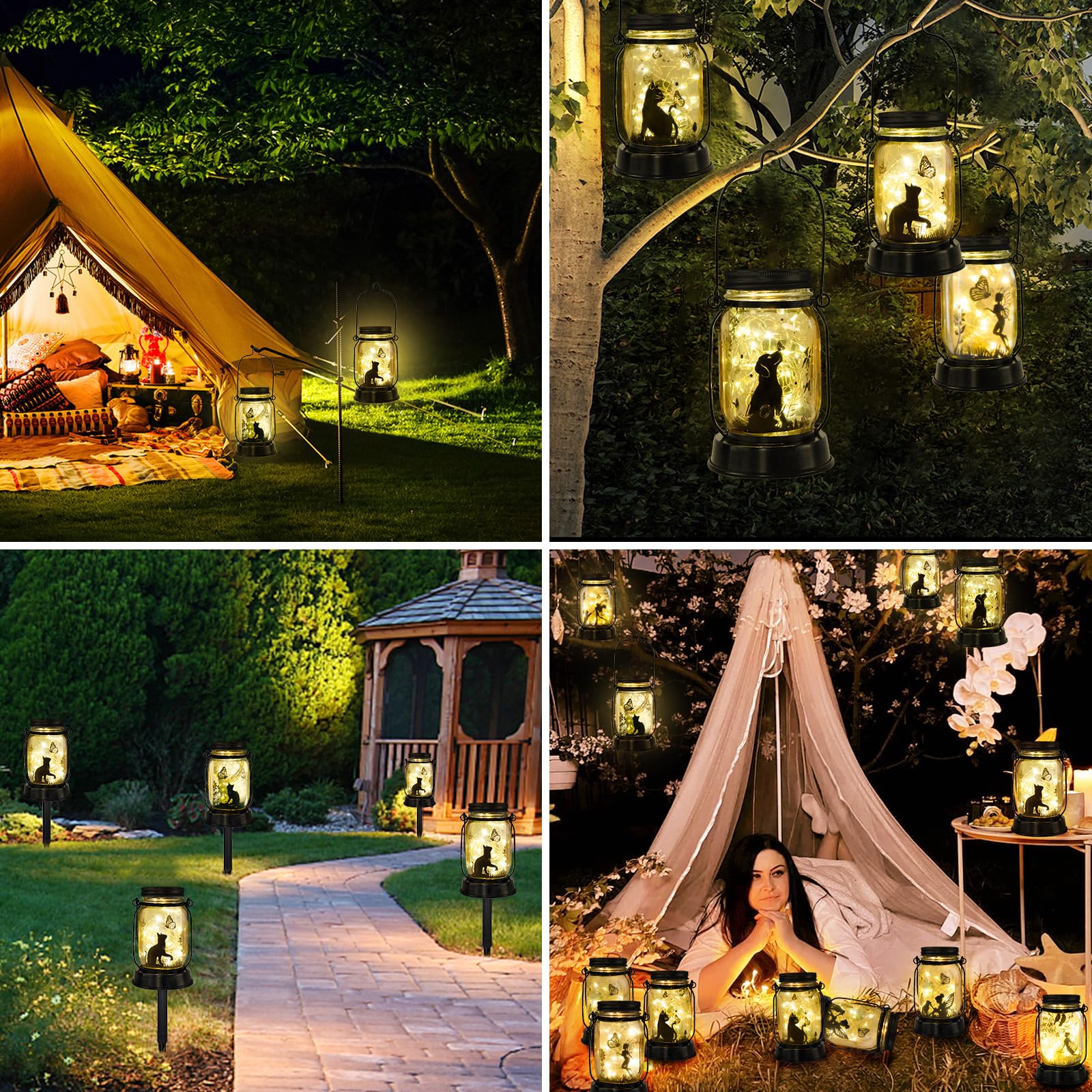 Cat Solar Lanterns 3-In-1 Cat And Butterfly Solar Lights Outdoor Decor Cat Lover Gifts For Women Men Cat Lovers Gifts Hanging Ca