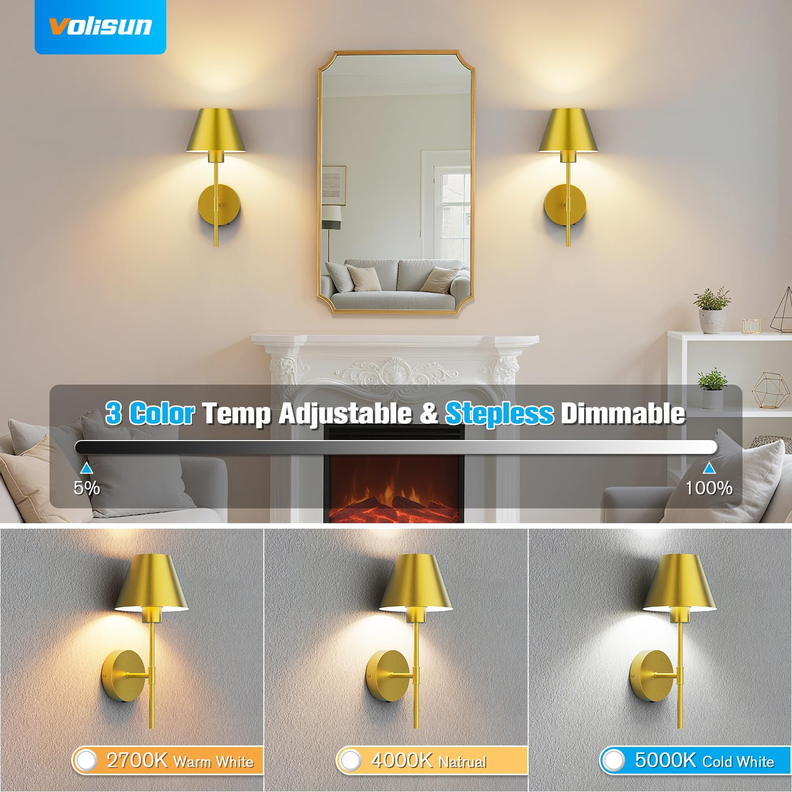 VOLISUN Battery Operated Wall Sconces Set of Two, Brushed Gold, Rechargeable with Remote, LED Lights for Living Room, Bedroom, Hallway