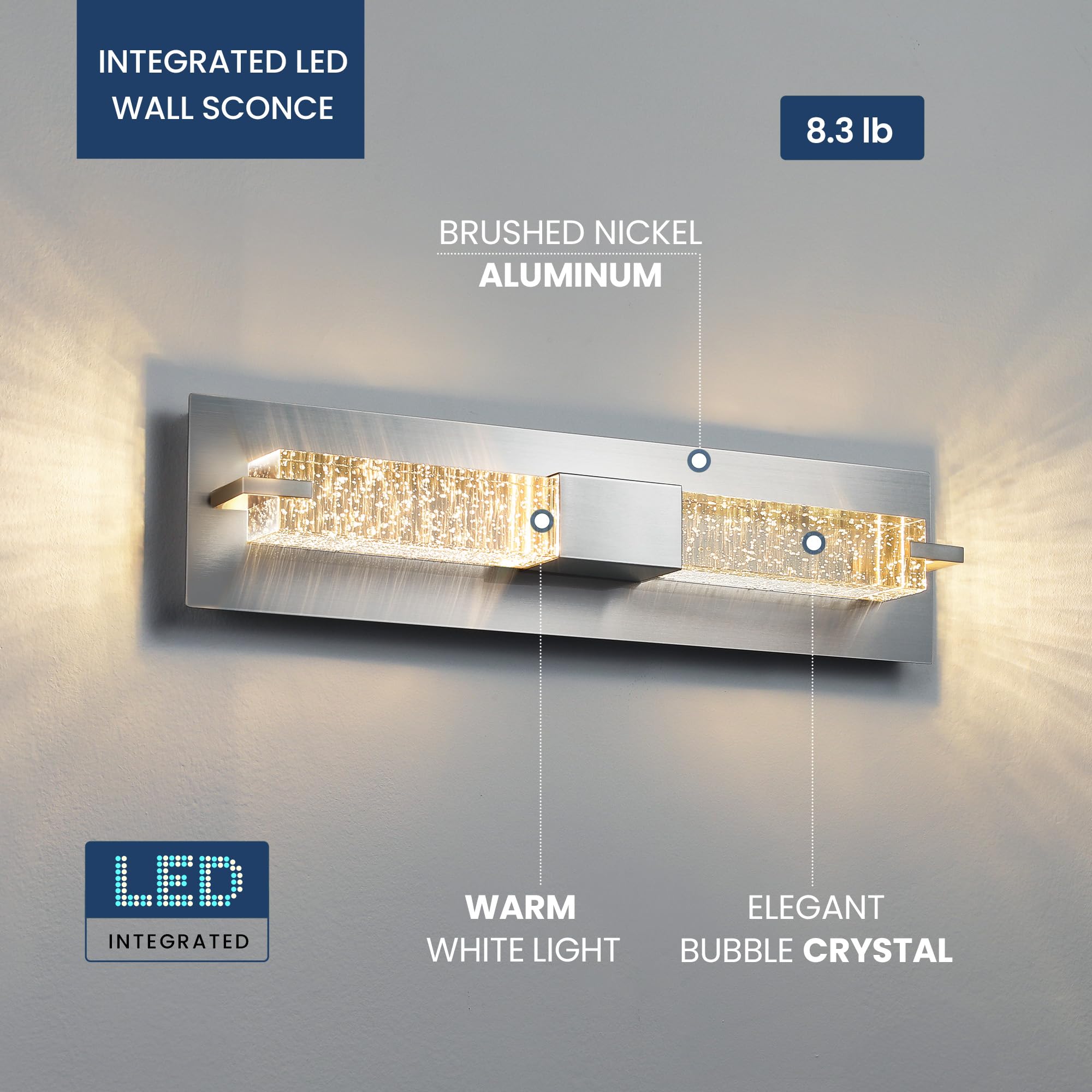 WOSHITU LED Wall Sconce Light - 19 Inch Nickel Modern Dimmable Crystal Fixture for Indoor Bathroom, Living Room, Bedroom, Hallway