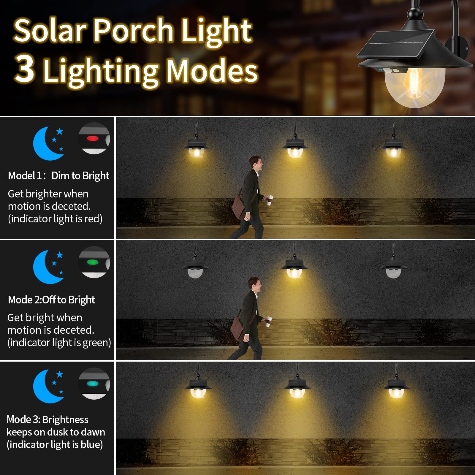 Auzev Solar Lanterns Outdoor Wall Light, 3 Modes, Motion Sensor, Waterproof, Black-2Pack