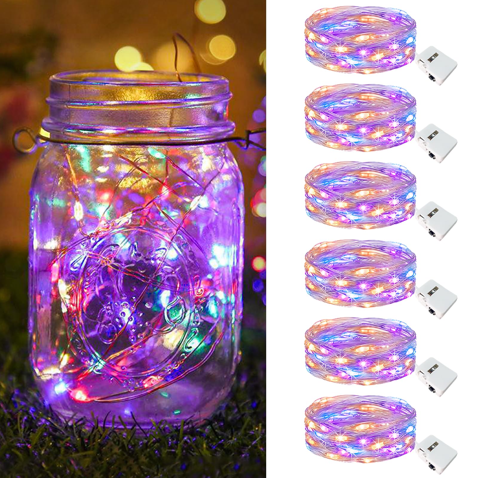 btfarm 6 Pack Fairy Lights Battery Operated [3 Modes]  7ft 20 Led Twinkle Lights String Lights Waterproof Bulk Small Mini Silver Wire for Mason Jars Vases Wedding Table Centerpiece  Multicolor