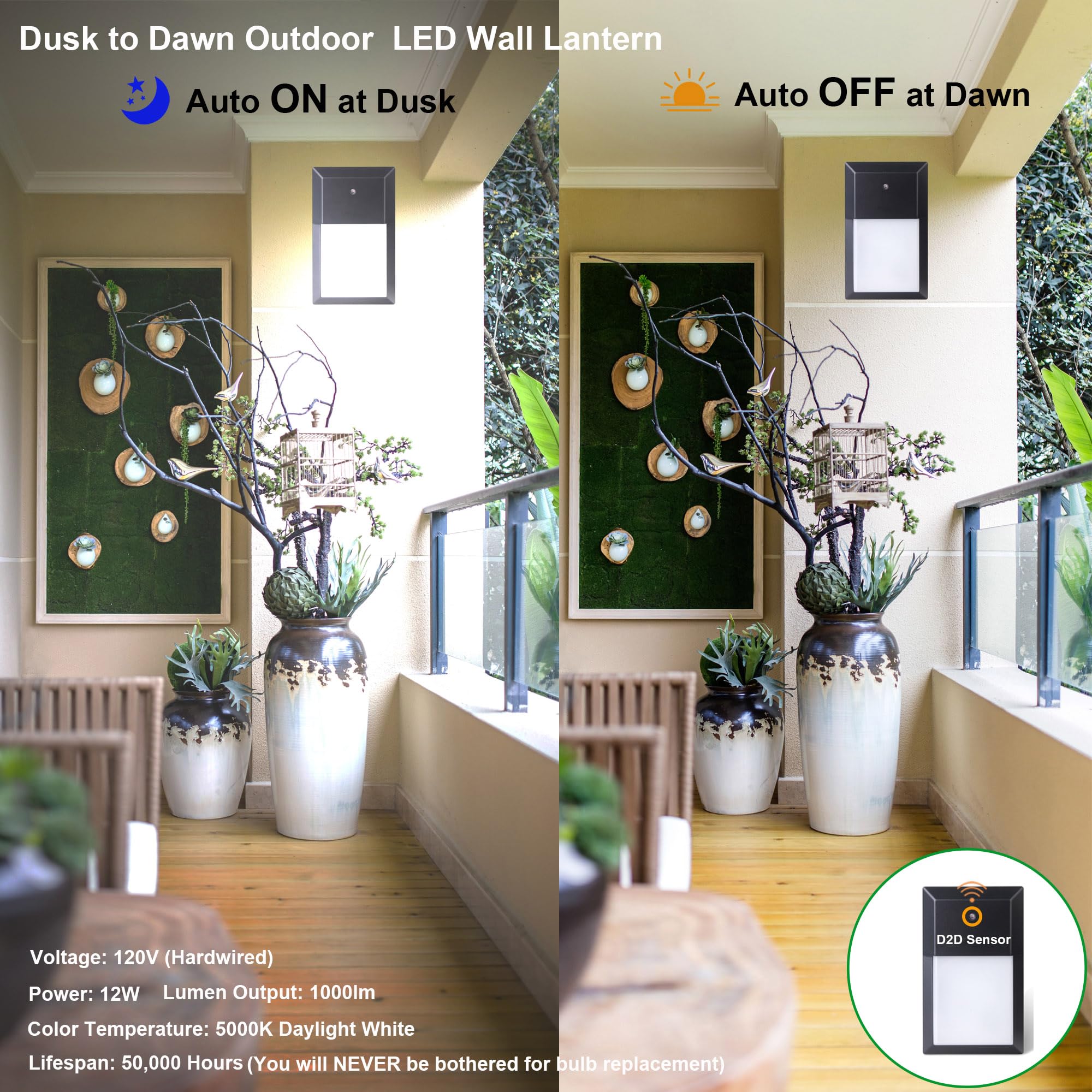LIT-PaTH Dusk to Dawn Outdoor Wall Lantern, LED Sconce, 12W 1000 Lumens, Aluminum, 2-Pack, 5000K Black Finish, Model Y