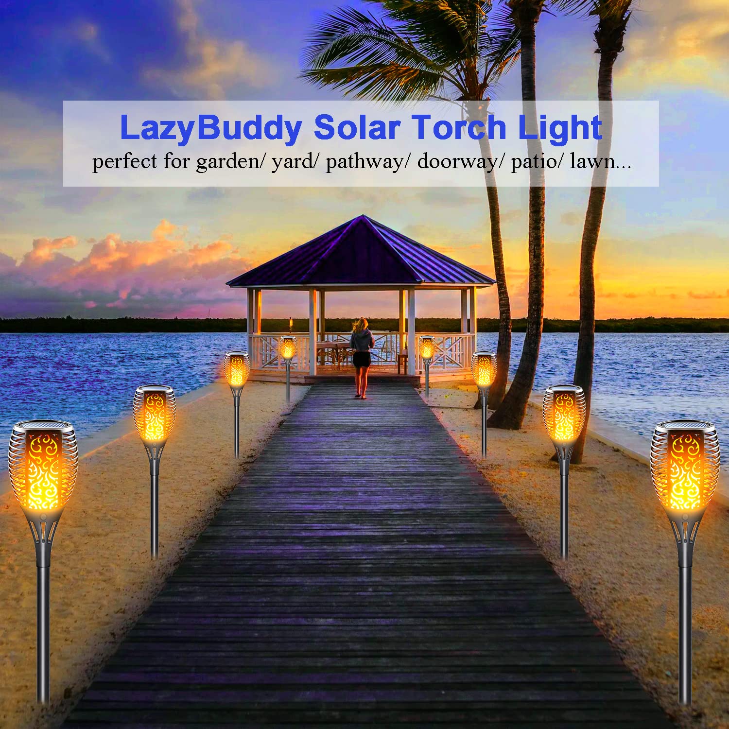 LazyBuddy Solar Torch Light - 8 Pack, Black, IP65 Waterproof, Flickering Flame Effect, Ideal for Garden and Patio Decor