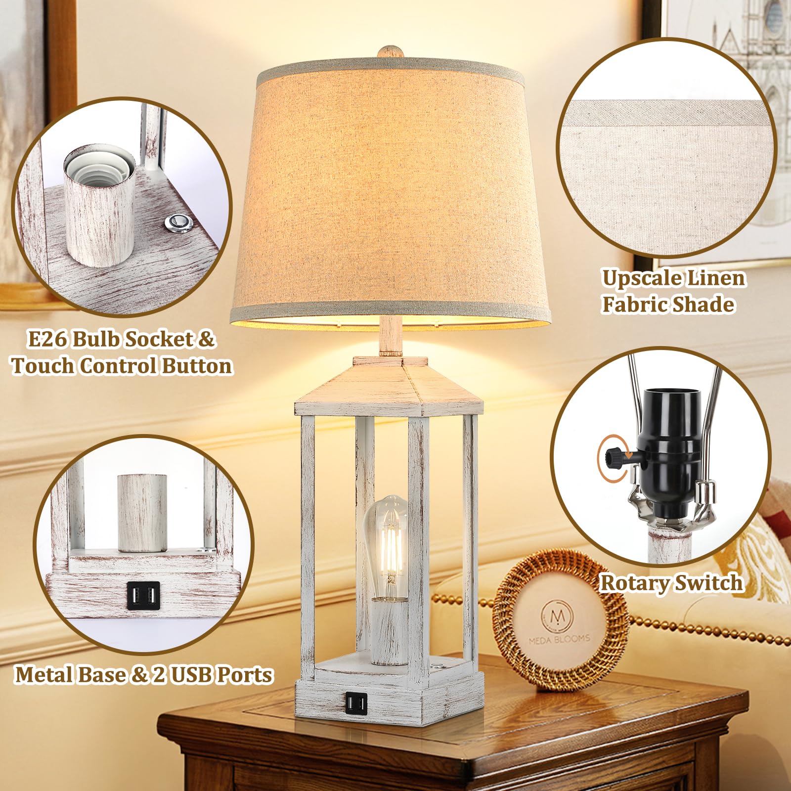 Brightever 28" 3-Way Dimmable Touch Control Bedside Table Lamp, White Rustic Farmhouse with USB Ports, 2 Bulbs Included