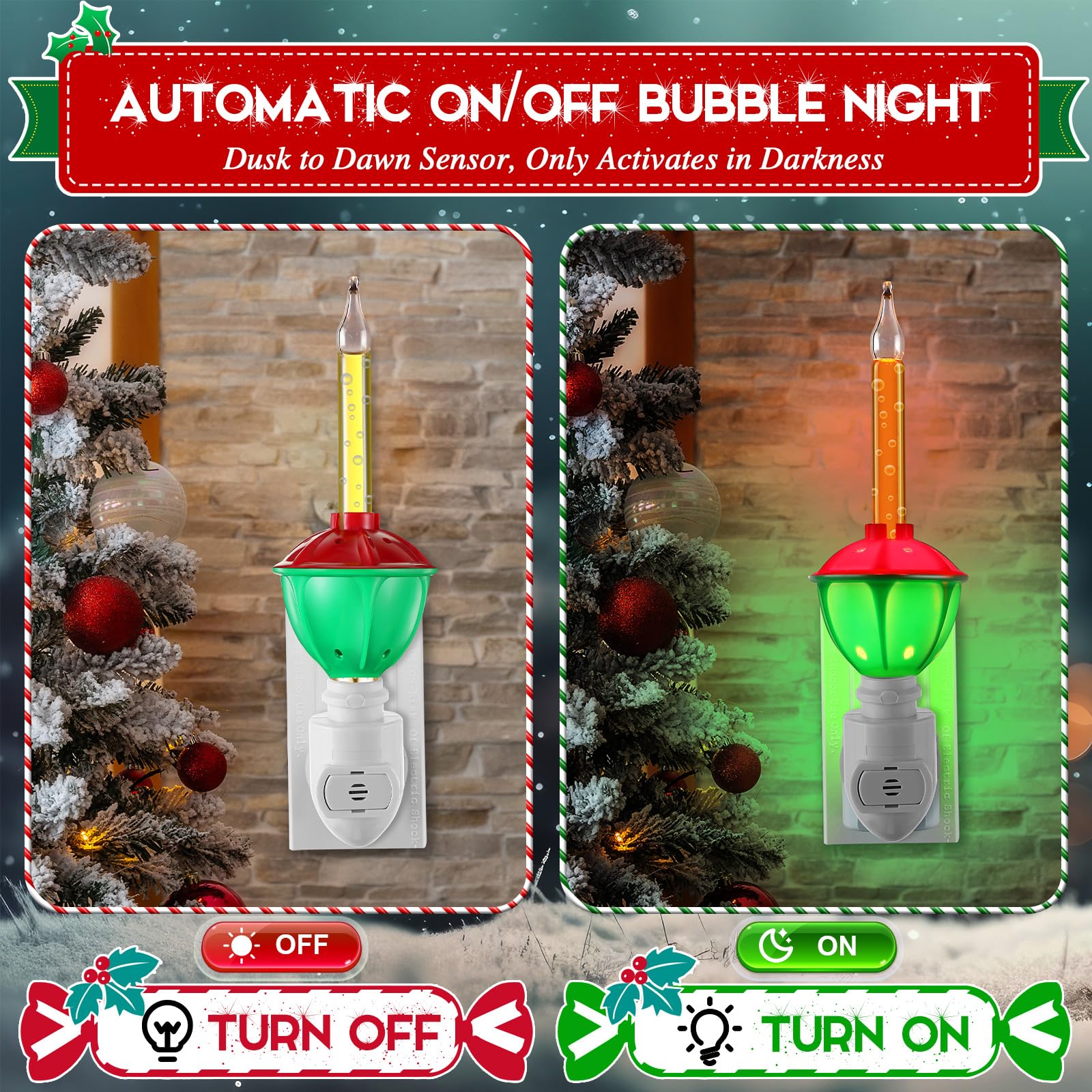 Feekoon 9 Pack Christmas Bubble Night Light With Dusk To Dawn Sensor, Traditional Multi Color Bubble Fluid Lights, Christmas Bub